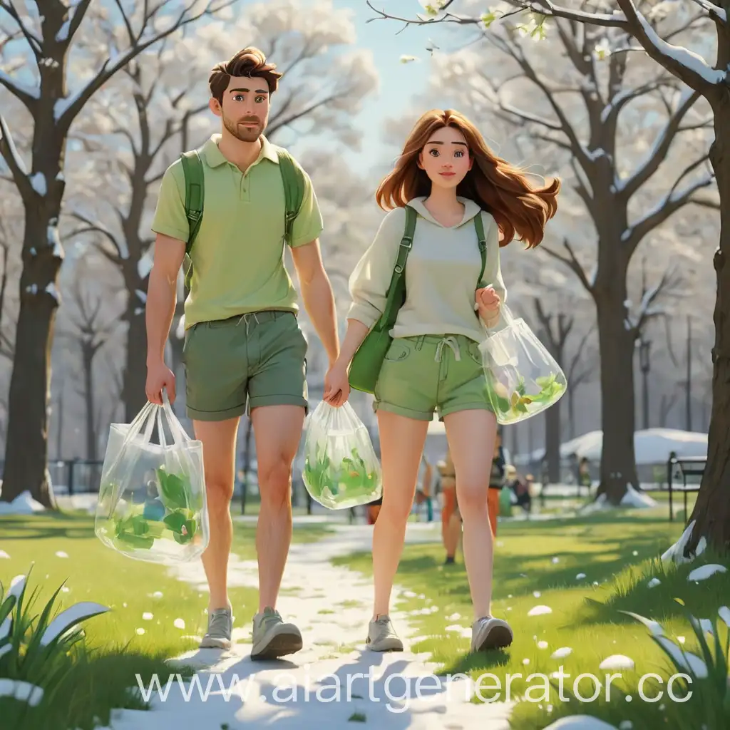 мультяшная весна, снег и зеленая трава, мужчина с женщиной идут в шорках с прозрачной сумкой по парку