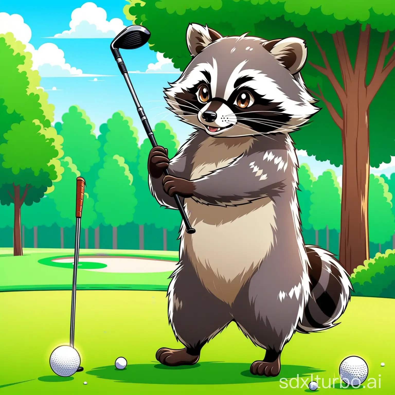 Playful-Raccoon-Golfing-in-Lush-Greenery