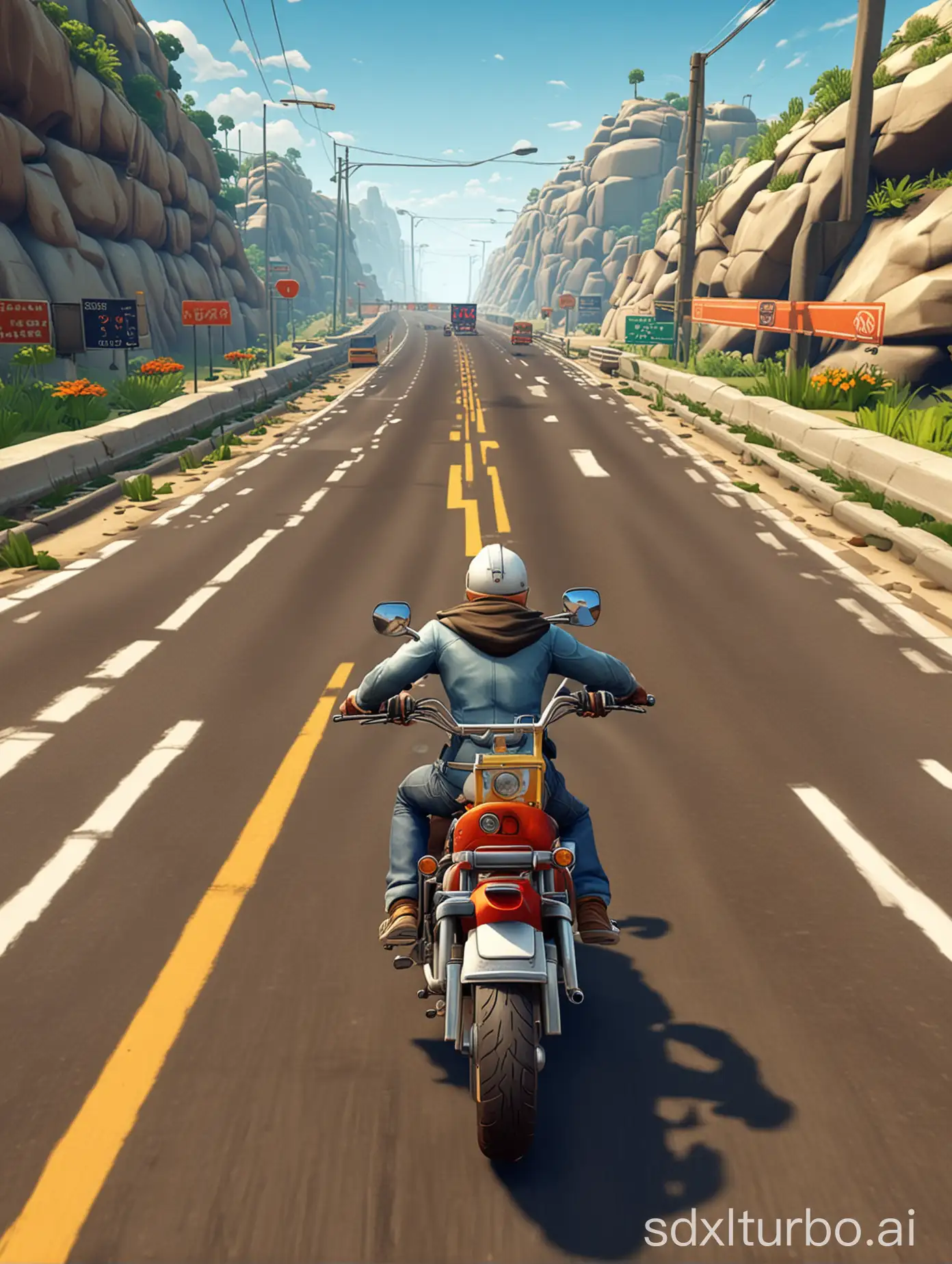 Subway surfer POV gameplay with  character riding motorcycle on interstate highway roads to another state, closer POV , flat/void surroundings(no mountain or anything). Low poly 3d Graphics, White surroundings literally flat white with only the highways and character visible