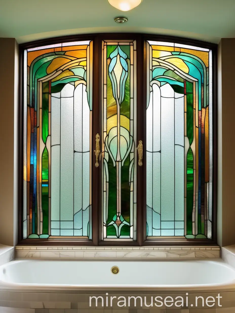 витраж на двери с абстрактными цветами из цветного стекла тиффани в стиле ар нуво в ванной комнате