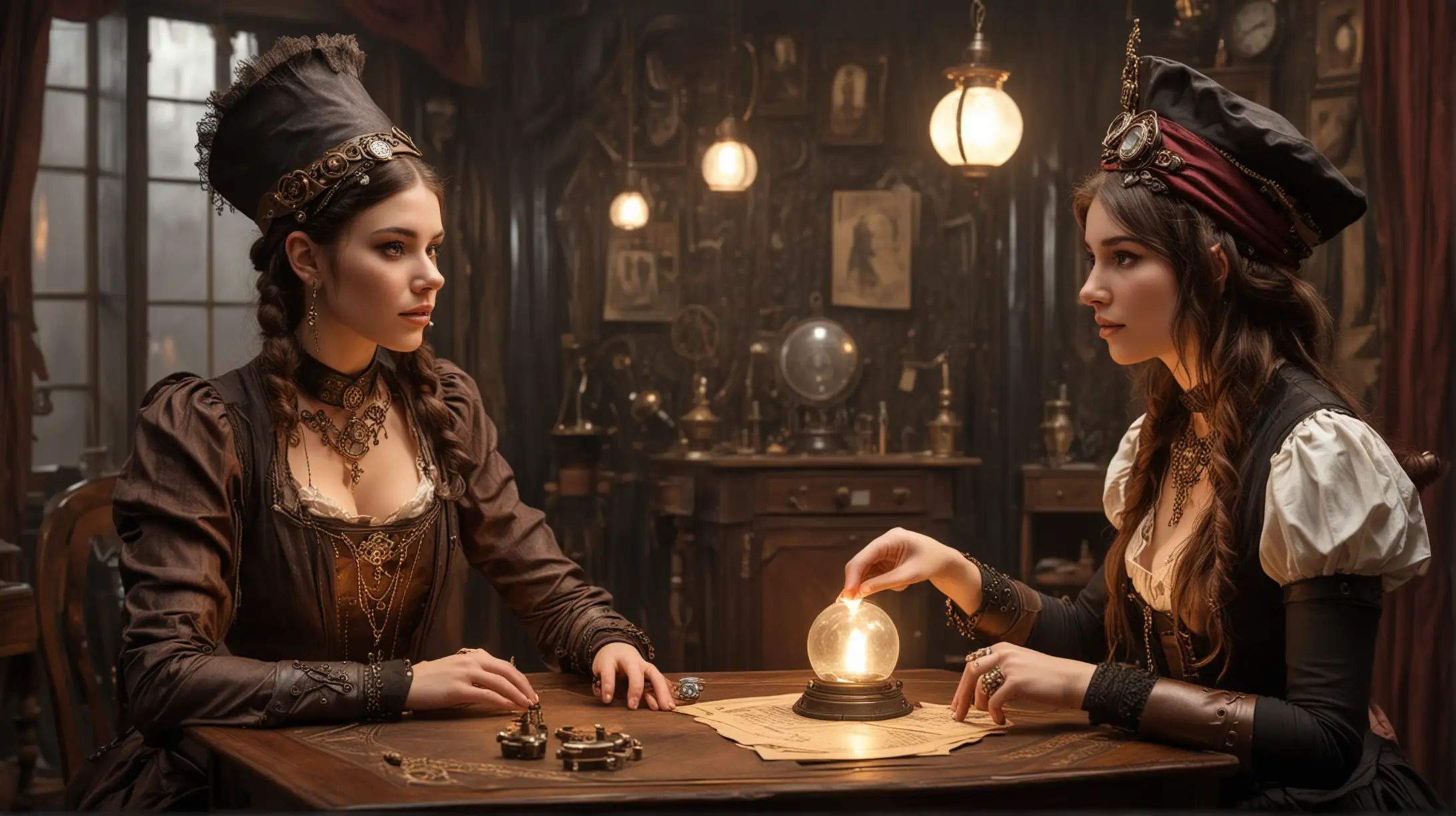 a steampunk fortune-teller tells fortunes to a young steampunk woman in a fortune-teller room