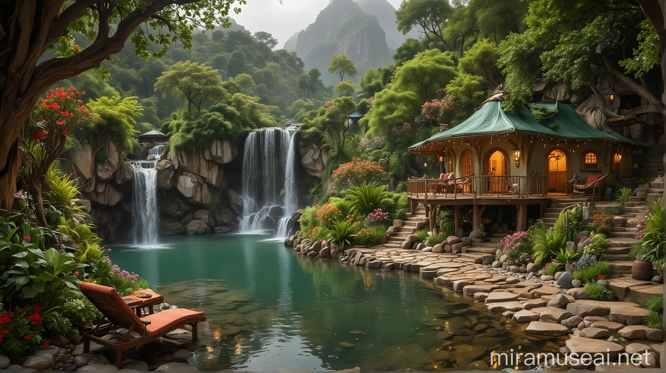 Waterfall Mountain Hobbit House Interior View Golden Adornments and Crystal Waters