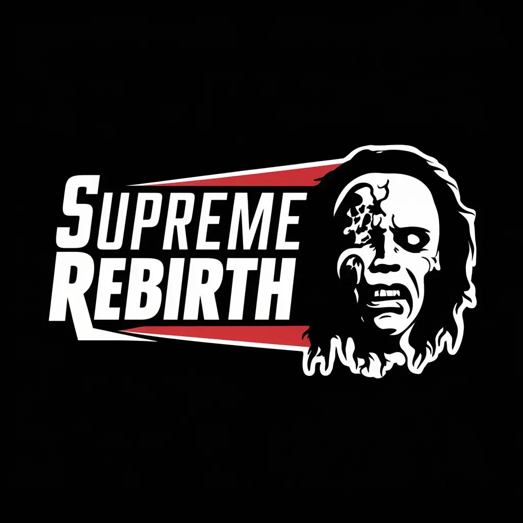 a logo design,with the text "Supreme Rebirth", main symbol:Leatherface serial killer in a plain black background,Moderate,clear background