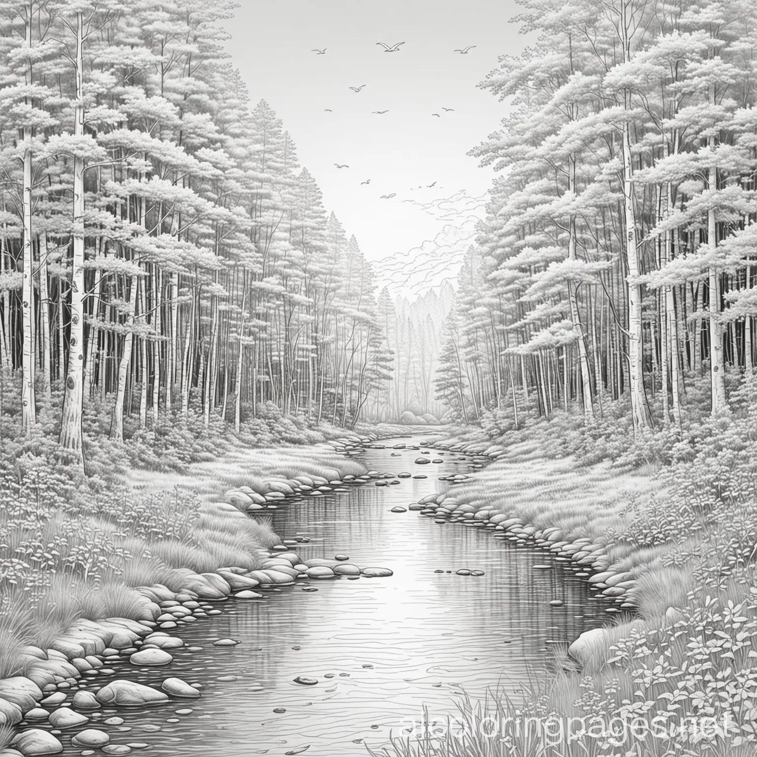 A serene landscape, perhaps a sunrise over a quiet river or a peaceful forest clearing, with soft instrumental music playing in the background., Coloring Page, black and white, line art, white background, Simplicity, Ample White Space. The background of the coloring page is plain white to make it easy for young children to color within the lines. The outlines of all the subjects are easy to distinguish, making it simple for kids to color without too much difficulty