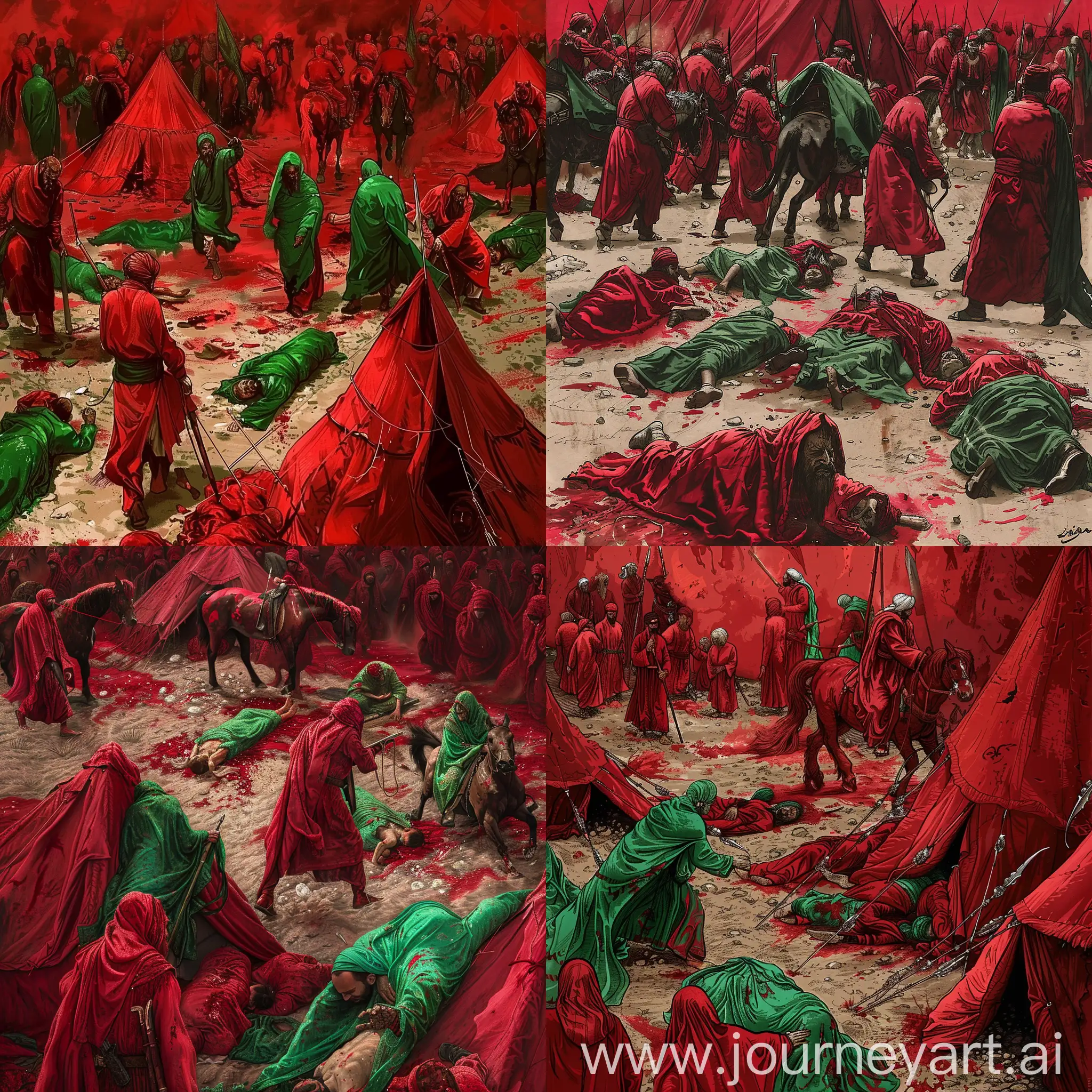 Imagine a scene from the day of Ashura. The red-clad soldiers, some of them on horseback and some on foot, are attacking the tents of Imam Hussain's followers. Several bodies of Imam Hussain's companions were wrapped in green clothes on the ground and women and children were taken captive. The scene is full of horror and darkness, with red and green colors that evoke a sense of tension and battle.