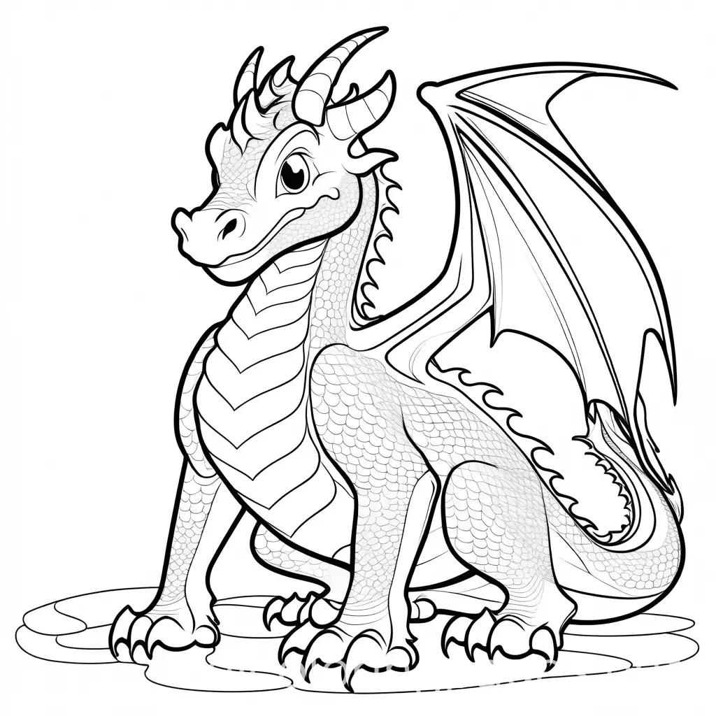 dragons  king, Coloring Page, black and white, line art, white background, Simplicity, Ample White Space. The background of the coloring page is plain white to make it easy for young children to color within the lines. The outlines of all the subjects are easy to distinguish, making it simple for kids to color without too much difficulty 