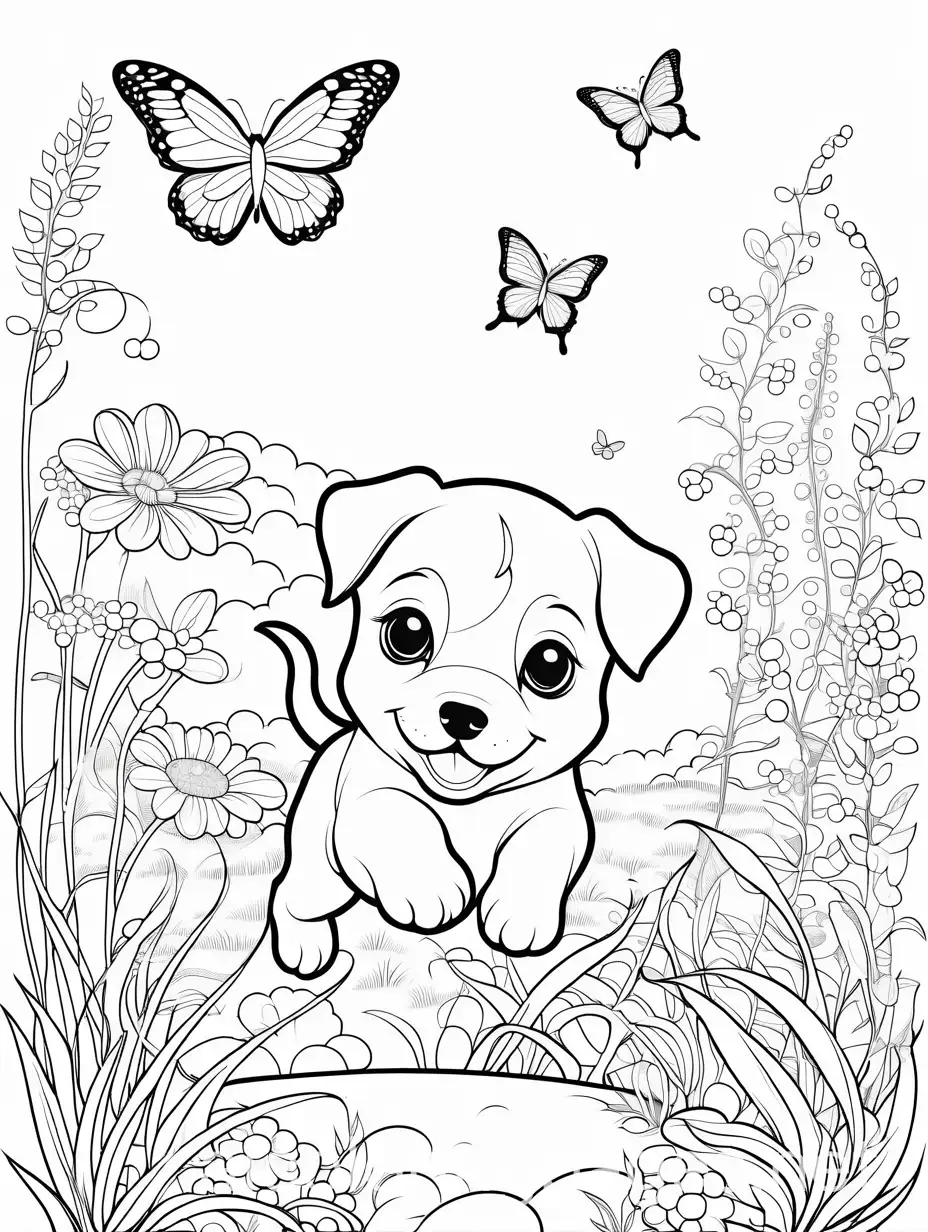 coloring page a puppy jumping after a butterfly, in a beautiful garden, Coloring Page, black and white, line art, white background, Simplicity, Ample White Space. The background of the coloring page is plain white to make it easy for young children to color within the lines. The outlines of all the subjects are easy to distinguish, making it simple for kids to color without too much difficulty