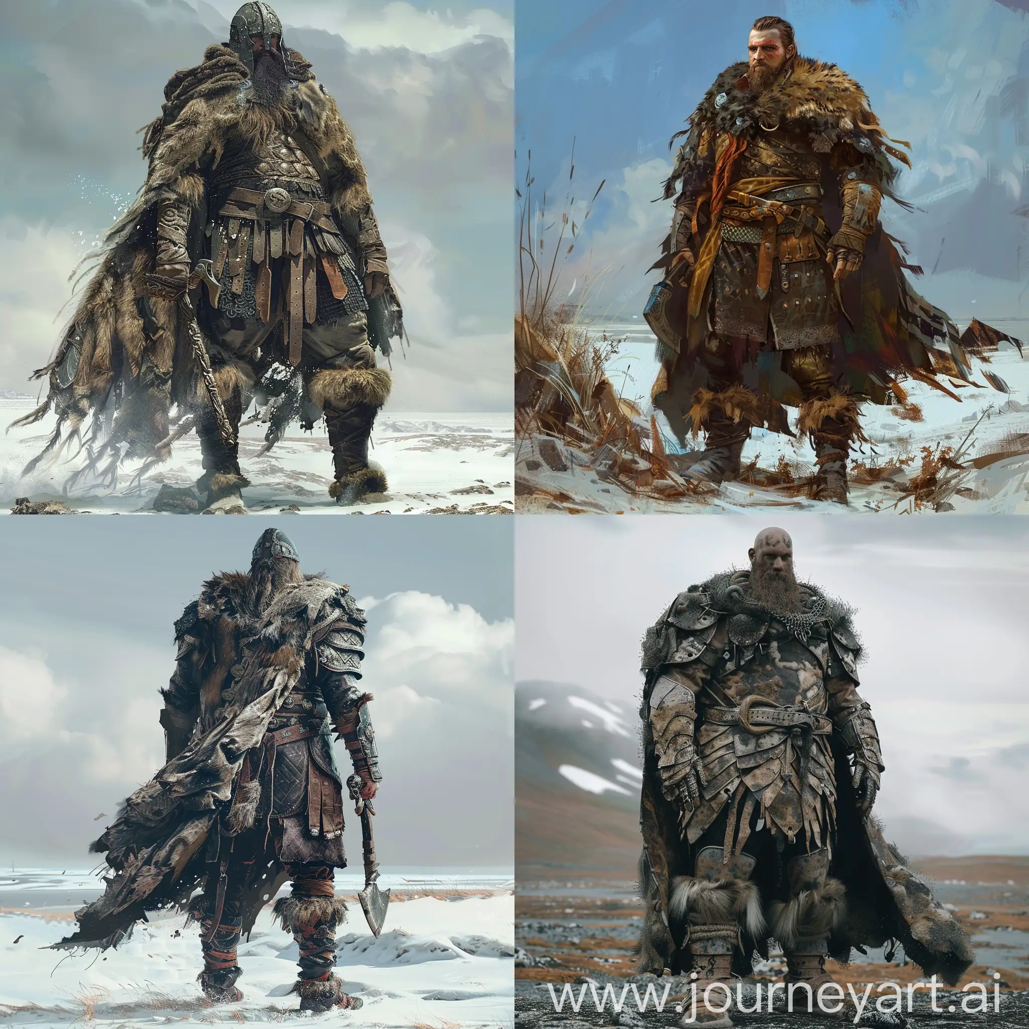 Viking Character standing in a tundra, clad in leather armor and a heavy cloak made of pelts