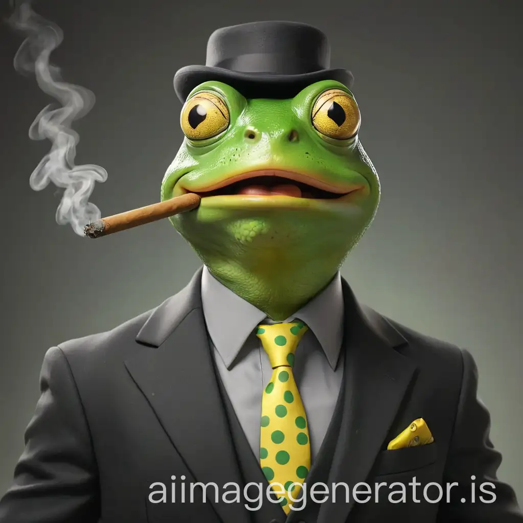 Photo anthropomorphic green frog his eyes are highlighted in green color he wears a black suit with a gray tie his shirt has yellow polka dots he looks good-natured and happy smoking a cigar.