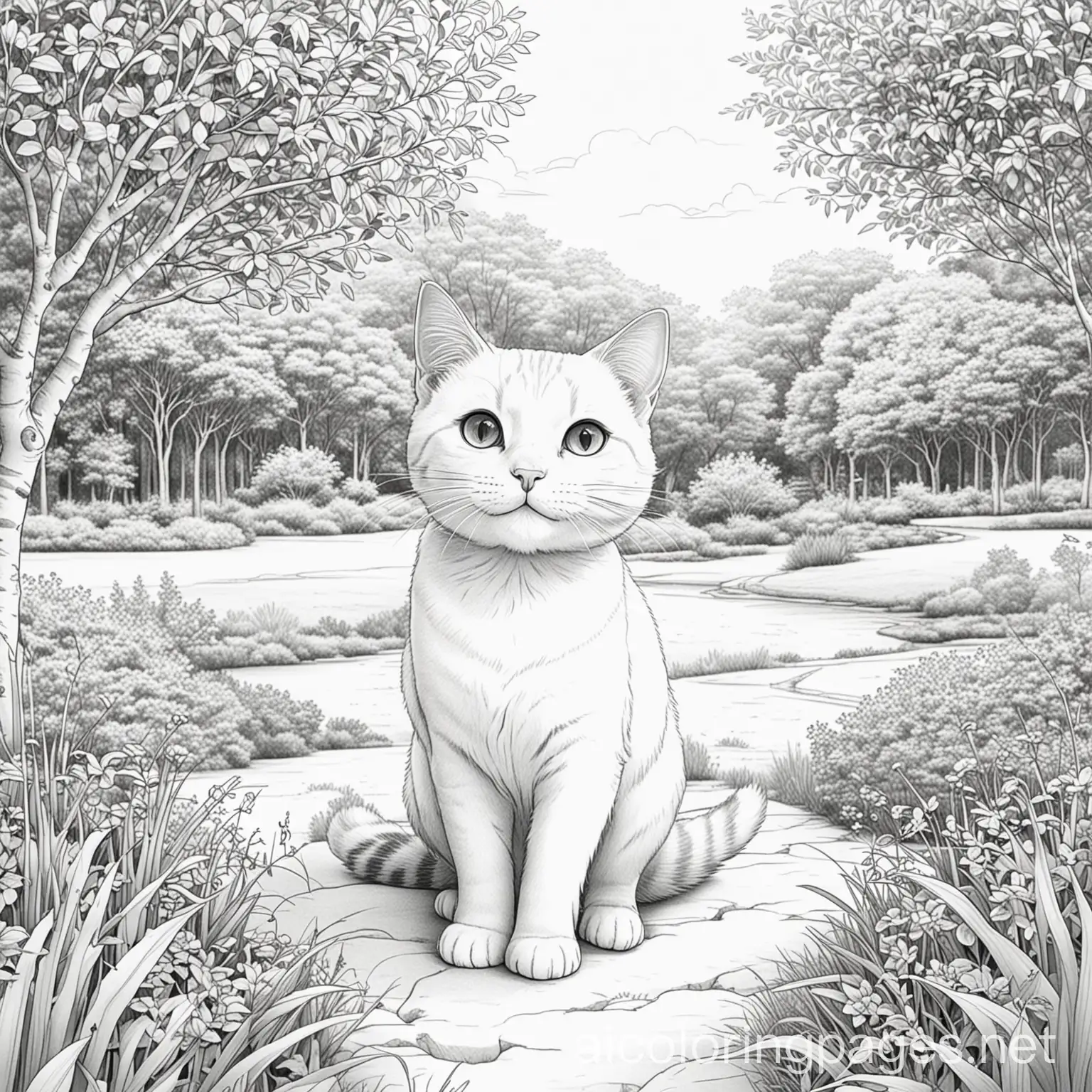 Happy cat in a park, Coloring Page, black and white, line art, white background, Simplicity, Ample White Space. The background of the coloring page is plain white to make it easy for young children to color within the lines. The outlines of all the subjects are easy to distinguish, making it simple for kids to color without too much difficulty