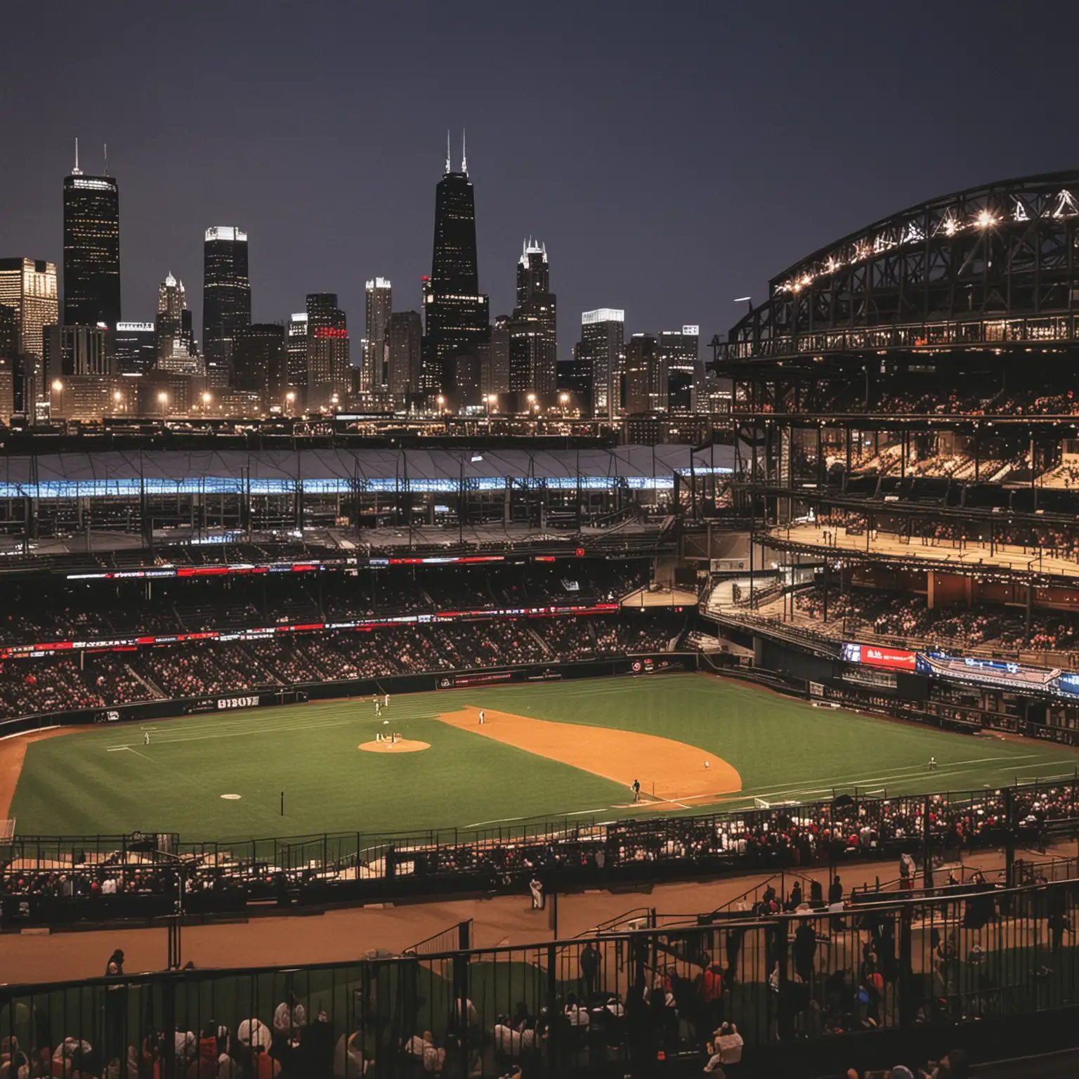 baseball stadium, two decks, chicago skyline, lights
