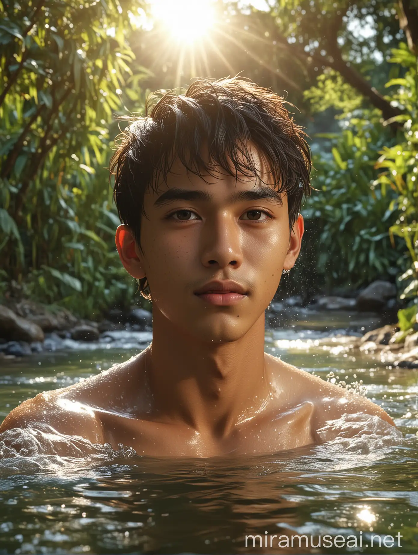 seorang pria tampan usia 18 tahun, wajah Indonesia, gaya rambut under cut, sedang mandi di sungai yang airnya mengalir jernih, latar belakang sungai dan kebun saat sore hari (terlihat matahari terbenam), hyperrealistis. UHD, gambar sangatlah nyata sekali, 360 PX