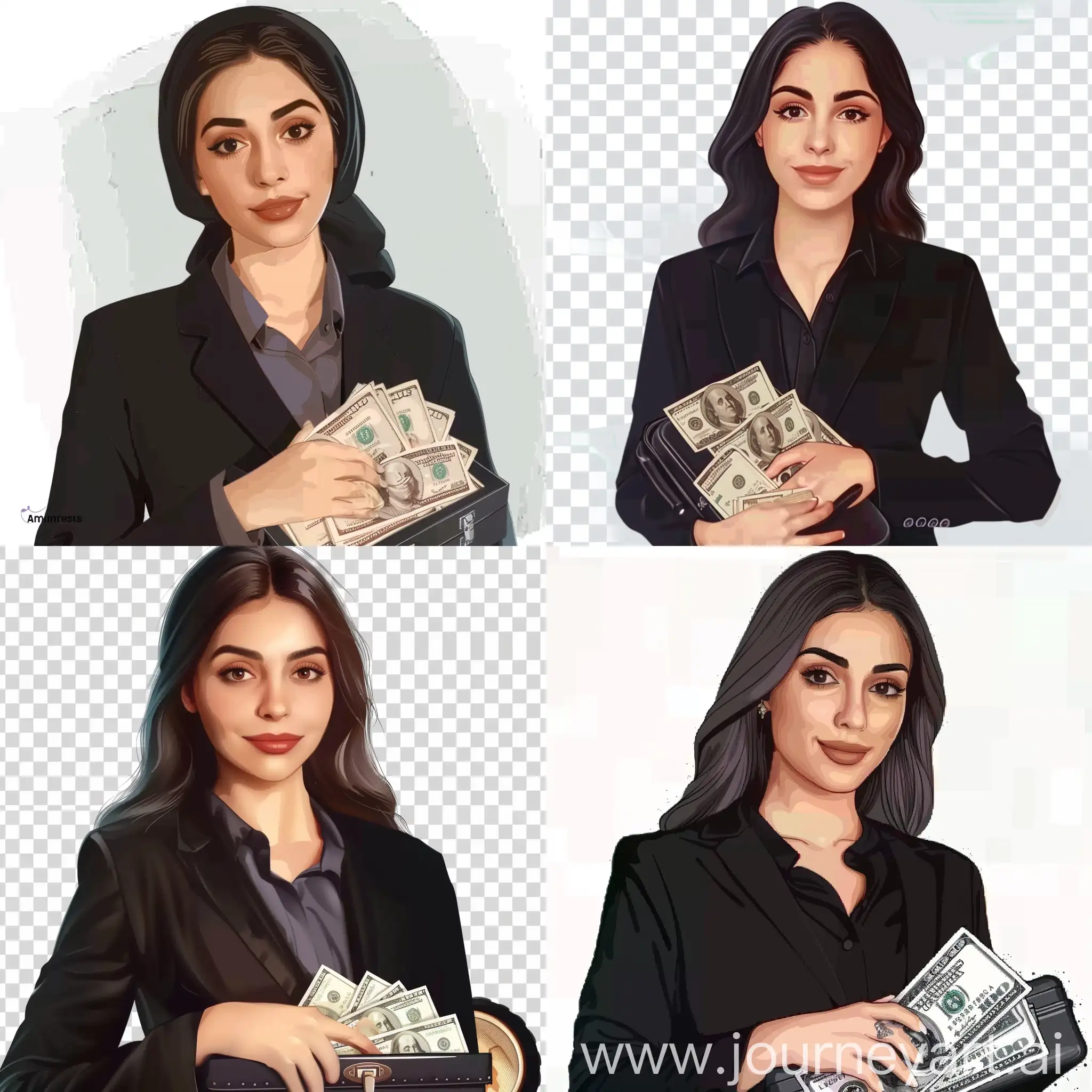 A girl in a black suit in a shirt (business style, office attire) is holding a worker’s suitcase-box with a bunch of dollars, which she shows to us and looks at us. Realistic, a little cartoonish, beautiful, with effects, on a transparent background --v 6 --ar 1:1 --no 19309
