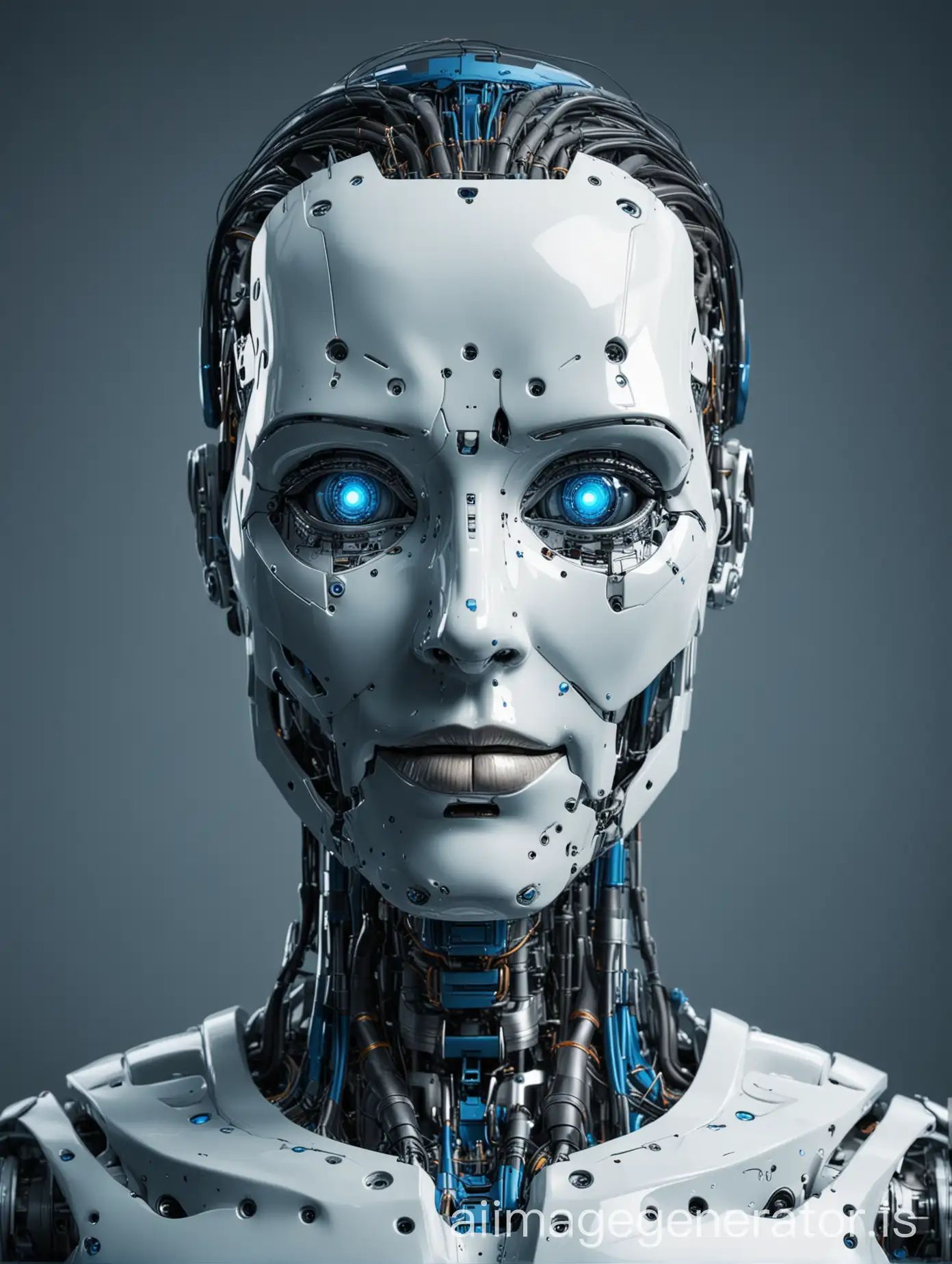 A large, imposing figure of a humanoid AI or robot in the center, with a divided face: one side showing a friendly, helpful expression and the other side showing a more sinister, threatening look. The divided face represents the dual nature of AI: its potential for both benefit and harm realistic blue