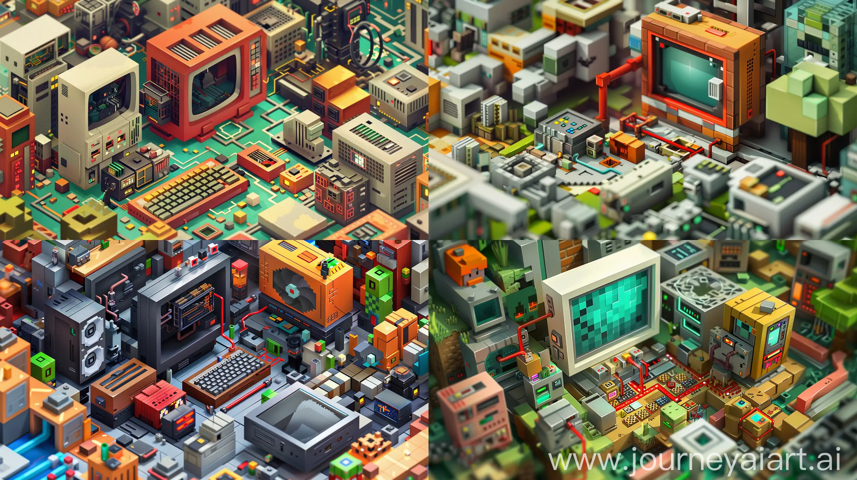 An intricate illustration portraying the process of constructing a computer within the Minecraft game environment. The scene depicts a meticulously crafted world, where the player prepares the gaming realm for building the computer. Various blocks and materials are carefully chosen and arranged for the construction, showcasing the selection process. Redstone components and other mechanical elements are incorporated to add functionality to the computer. The composition emphasizes the intricate details of the Minecraft world, with vibrant colors and textures enhancing the immersive experience. --ar 16:9 