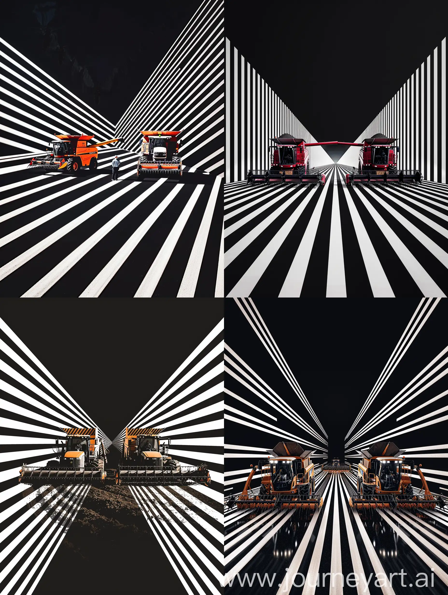 Create an impressive and powerful 4K quality image showing two harvesters standing in the foreground flanked by white vector stripes on a black background, taken with a Nikon D850 camera. Add a volume and depth effect that emphasizes the scale and complexity of agricultural production