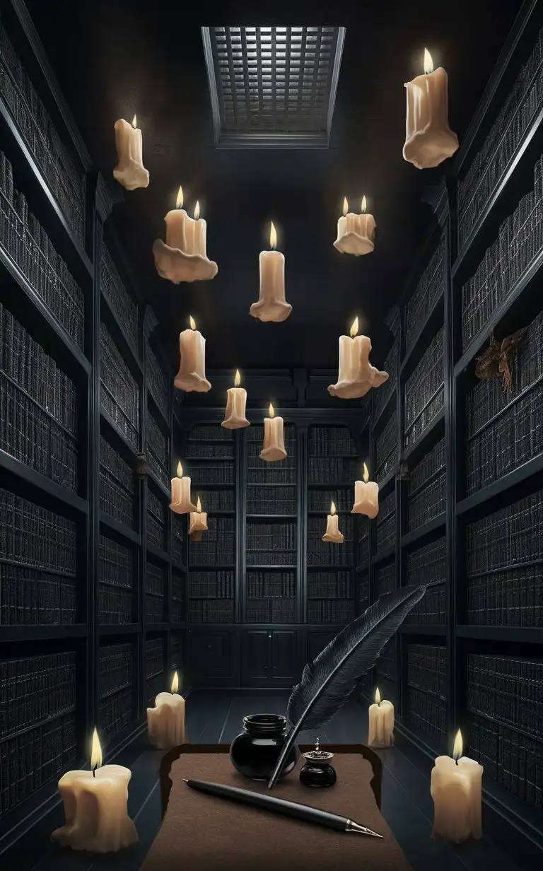 Eerie Sepulchral Library with Floating Candles and Black Quill Pen