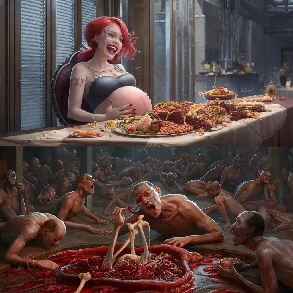 In the first high plan upside, a redhead gothic women with a nose piercing, pregnant, laughting harder,  sweating and green eyes, eating only a massive luxury diner on a massive long table full meat, face to a giant closed glass window, extremely detailed CG unity 8k wallpaper,masterpiece, best quality, ultra-detailed),(best illumination, best shadow, an extremely delicate and beautiful). 

In the second plan downside, a overcrowded poor very skinny men's on floor screaming and crying, eating a liquid mud with worms bones and squeleton, extremely detailed CG unity 8k wallpaper,masterpiece, best quality, ultra-detailed),(best illumination, best shadow, an extremely delicate and beautiful).