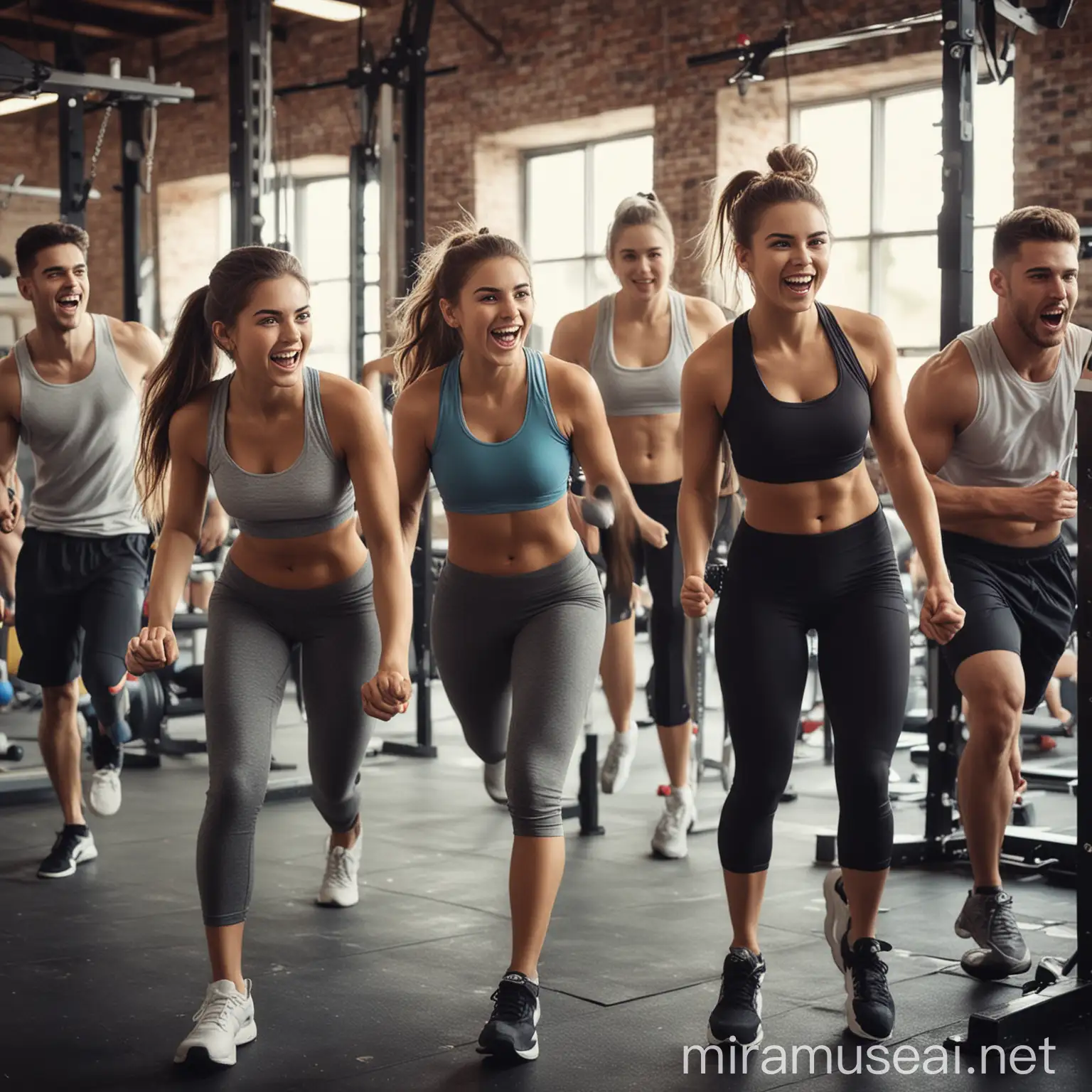 Energetic College Friends Exercising Together in the Gym