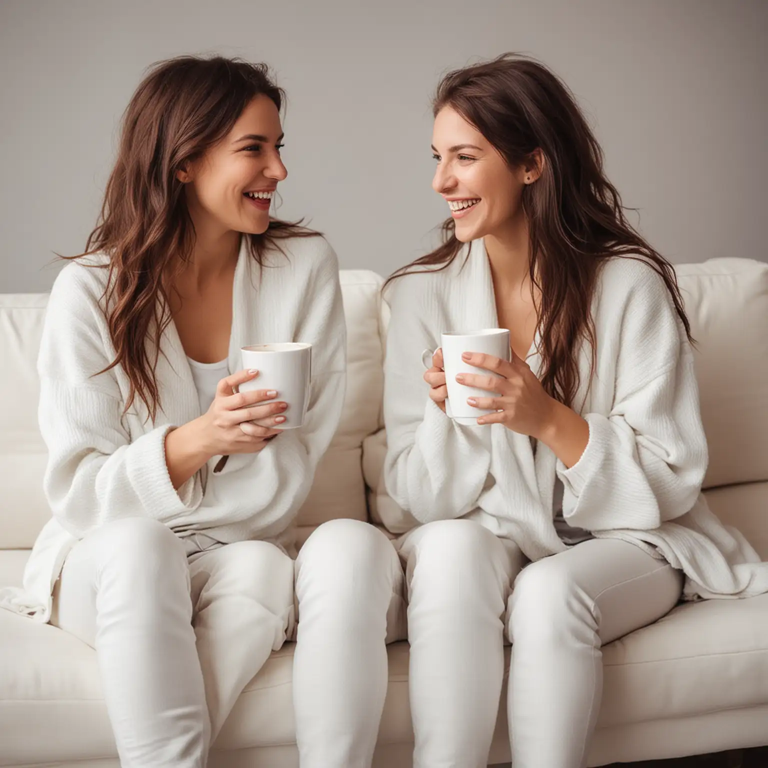 2 happy girlfriends are chatting on the white couch with a cup of coffee