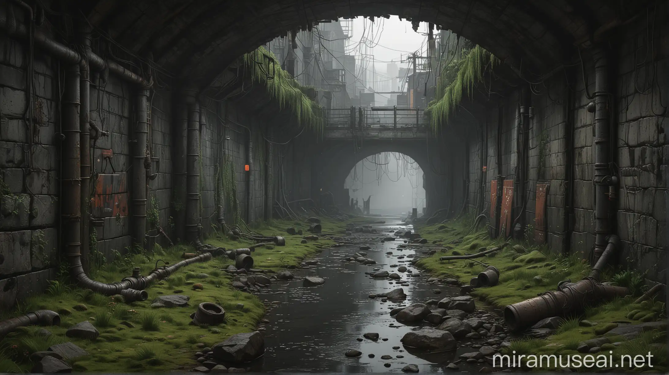 A dark, atmospheric sewer background for a 2D indie platformer game. The scene should include distant, shadowy brick walls covered with moss and grime, subtle, eerie lighting, and the faint outlines of pipes and infrastructure. The overall mood should be ominous and mysterious. The style should be inspired by artists Simon Stålenhag, Ralph McQuarrie, and Syd Mead, with a focus on depth and atmosphere well cut realistic drawing, monochrome, sketchfab, with 100% white background, sprite sheet, spread sheet , realistic drawing, in a front view prospective