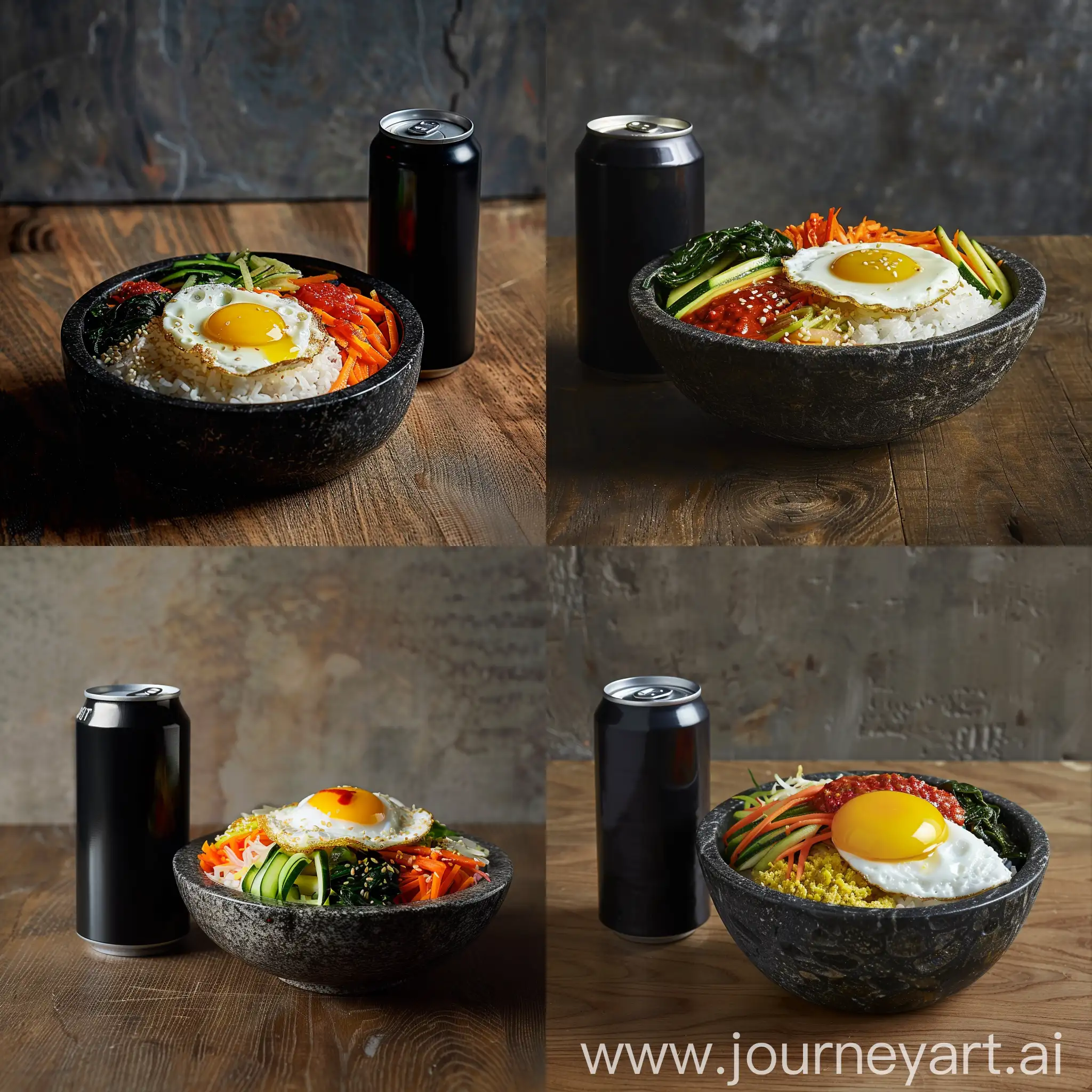 In this culinary composition, a simple black can of soft drink sits beside a visually captivating bowl of Bibimbap on a wooden table. The can's understated design contrasts with the vivid colors and textures of the Bibimbap, a traditional Korean rice dish, creating an atmosphere of cultural fusion and gastronomic exploration.
The Bibimbap is presented in a traditional stone bowl, its contents an enticing medley of colors and flavors. A perfectly cooked egg, its golden yolk glistening, rests atop a bed of fluffy white rice, encircled by an assortment of seasoned vegetables, including julienned carrots, zucchini, and spinach. A dollop of vibrant red gochujang sauce adds a spicy kick to the dish.
The front-view perspective of this scene allows the viewer to fully appreciate the intricate details of the Bibimbap and the interplay of colors and textures between the soft drink can and the traditional Korean dish—a visual representation of the joy of discovering new flavors and culinary experiences.