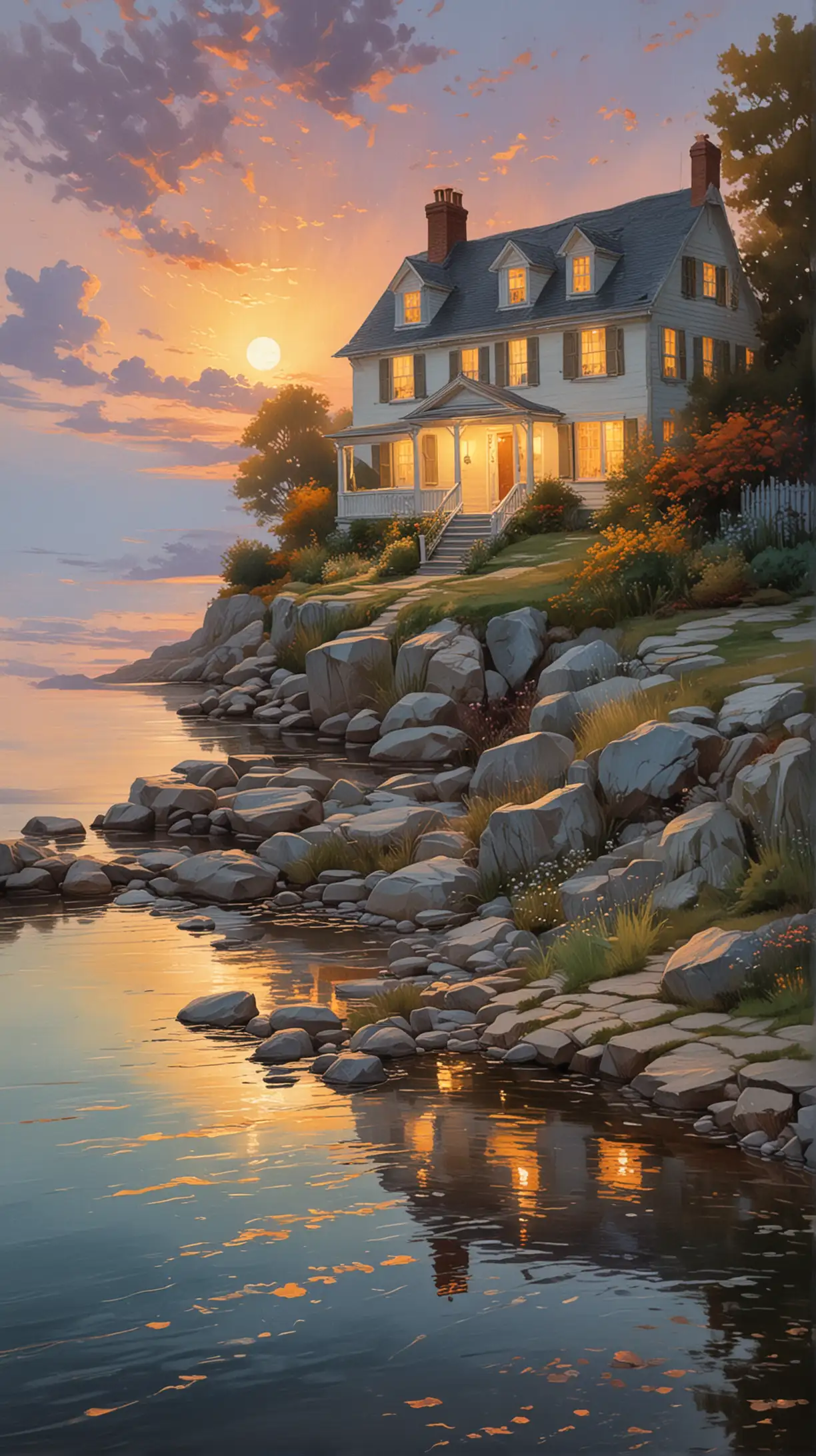 A picturesque scene of a quaint, white house situated on the edge of a serene body of water, depicted in an impressionistic painting style. The house has a traditional, cottage-like appearance with a pitched roof, two chimneys, and warm yellow light glowing from its windows, suggesting a cozy interior. The entrance is slightly ajar, with light spilling out onto the ground.

The setting is dusk, with a soft, golden sunset casting a warm glow across the sky and reflecting off the water. The sky is painted with a blend of soft blues, purples, and oranges, with wispy clouds scattered throughout, adding depth and texture to the scene. The water is calm, mirroring the house and the warm light emanating from it, creating a tranquil and reflective ambiance.

A cobblestone path leads to the house, winding its way through the foreground and partially submerged in the water. The stones are uneven and artistically rendered, with highlights and shadows giving them a three-dimensional quality. The surrounding landscape includes rocky outcrops and sparse vegetation, painted with broad, textured brushstrokes that convey the ruggedness of the terrain.

The overall color palette consists of cool blues and greys, contrasting beautifully with the warm yellows and oranges of the sunset and the house’s lights. The painting exudes a sense of solitude and peace, capturing the quiet beauty of the moment as day transitions into night. The brushwork is expressive and loose, typical of impressionistic techniques, adding a dreamy and atmospheric quality to the artwork.