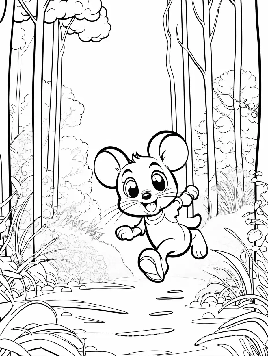 SCETCH COOLER  - Cute mouse running away from cat Disney style coloring page for kids  Horizontal Composition  Cinematic Shot  Light Smile  Magical Forest  Depth Of Field  Cartoon  Ghibli Studio  Ink Render  Industrial  Ink Wash Painting Style  Disney-style  Motion Design coloring page  , Coloring Page, black and white, line art, white background, Simplicity, Ample White Space. The background of the coloring page is plain white to make it easy for young children to color within the lines. The outlines of all the subjects are easy to distinguish, making it simple for kids to color without too much difficulty
