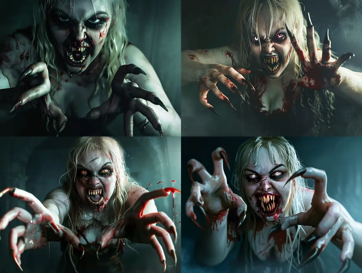 Photorealism nightmare scene of a monstrous female vampire with long, curved, pointed nails, exuding an aggressive and terrifying presence. Her pointed, crooked teeth form a scary expression amidst a dark and atmospheric setting. The high-quality depiction should capture the aggressive attack, emphasizing her predatory fangs and detailed nails in a hyper-realistic manner. The lighting should contribute to the horror atmosphere, ensuring a full-body portrayal with realistic hyper-detail. The character design should convey a playful yet menacing quality, with full anatomical accuracy including distinctly human hands with five fingers. The final image must be very clear without flaws, portraying the vampire with unparalleled photorealism.