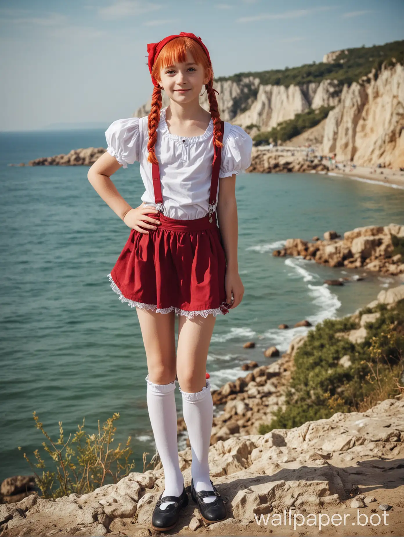 Крым, вид на море, девочка 10 лет в образе Пеппи длинный чулок, в полный рост, косплей, короткая юбка