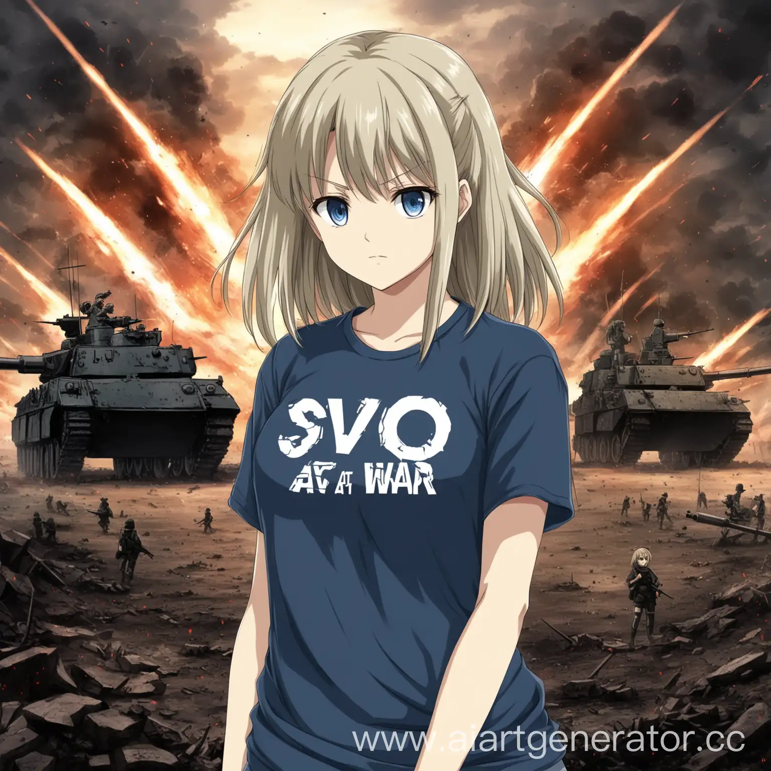 Аниме девушка в футболке с надписью "SVO" на войне