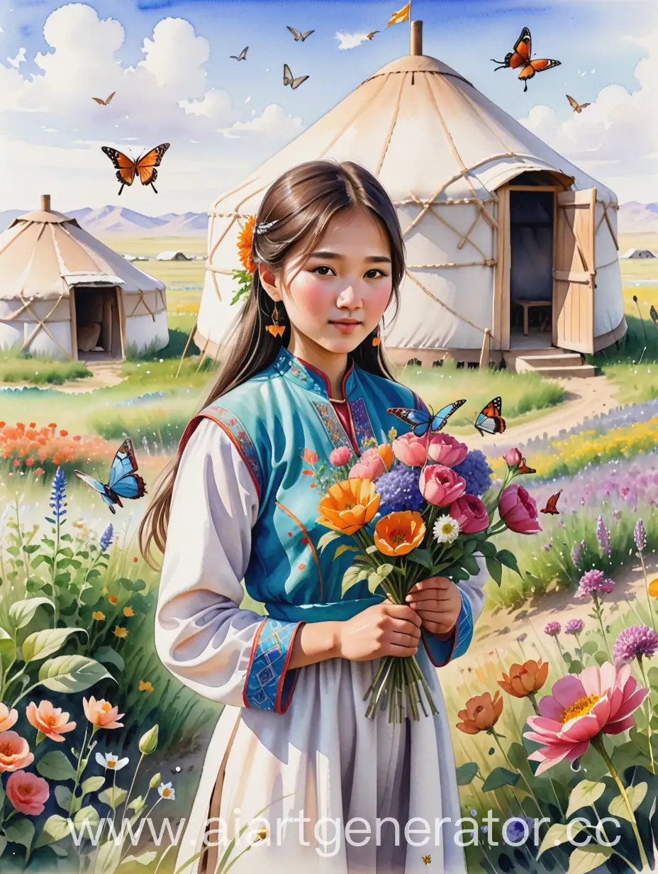 Акварельный рисунок казахской девочки в степи, которая держит в руках цветы. Вокруг разнотравье, цветы, бабочка и ласточки. На заднем плане белая юрта. Лето.