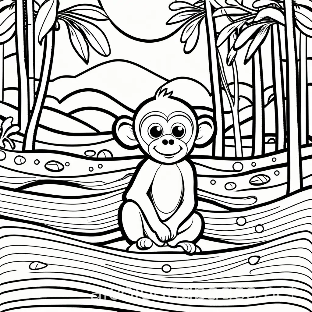a little monkey hanging out in the mud, Coloring Page, black and white, line art, white background, Simplicity, Ample White Space. The background of the coloring page is plain white to make it easy for young children to color within the lines. The outlines of all the subjects are easy to distinguish, making it simple for kids to color without too much difficulty, Coloring Page, black and white, line art, white background, Simplicity, Ample White Space. The background of the coloring page is plain white to make it easy for young children to color within the lines. The outlines of all the subjects are easy to distinguish, making it simple for kids to color without too much difficulty