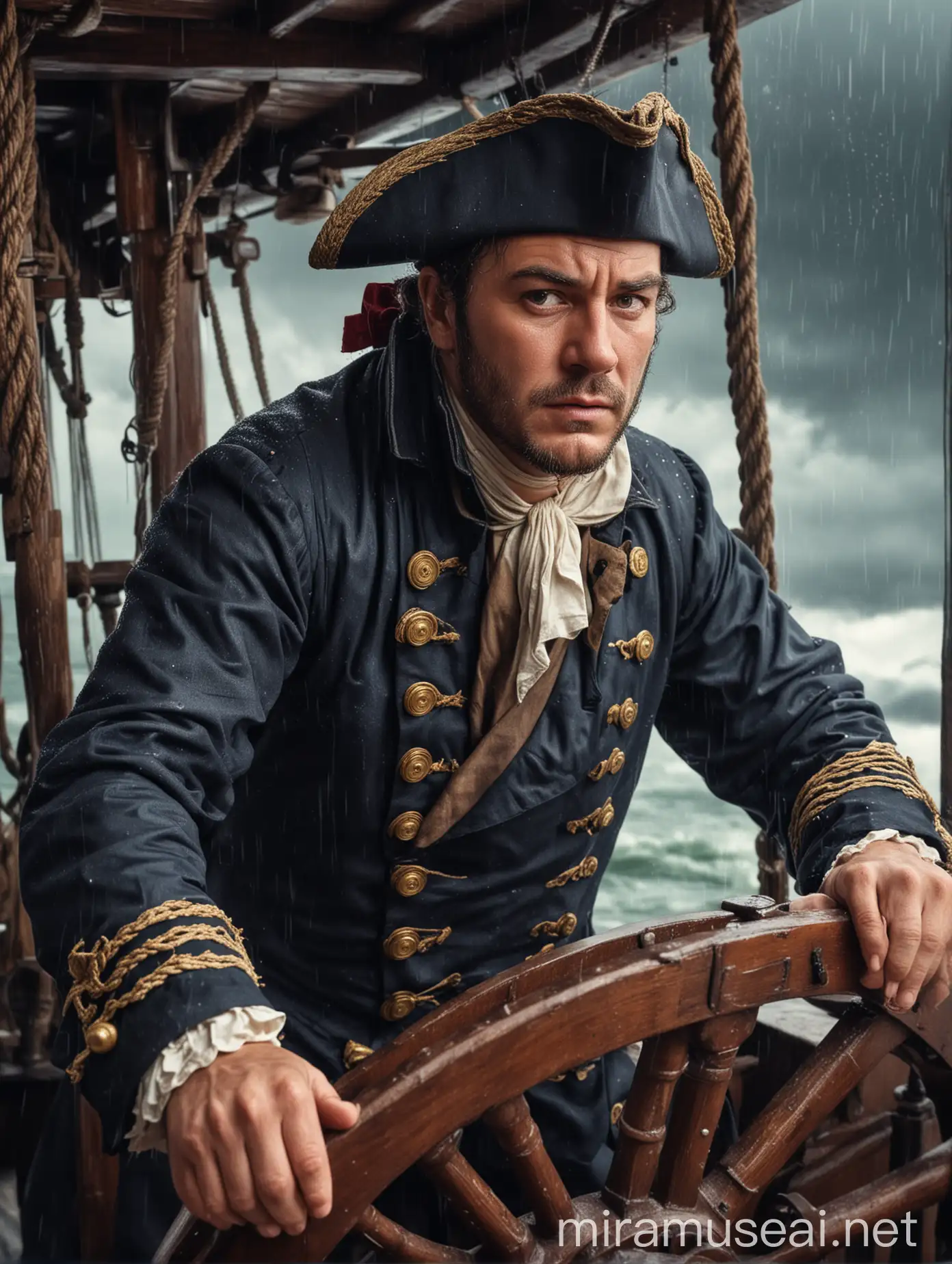 Men from the image as a ship captain from XVIII century. Standing behind the steering wheel during heavy storm on a wooden ship