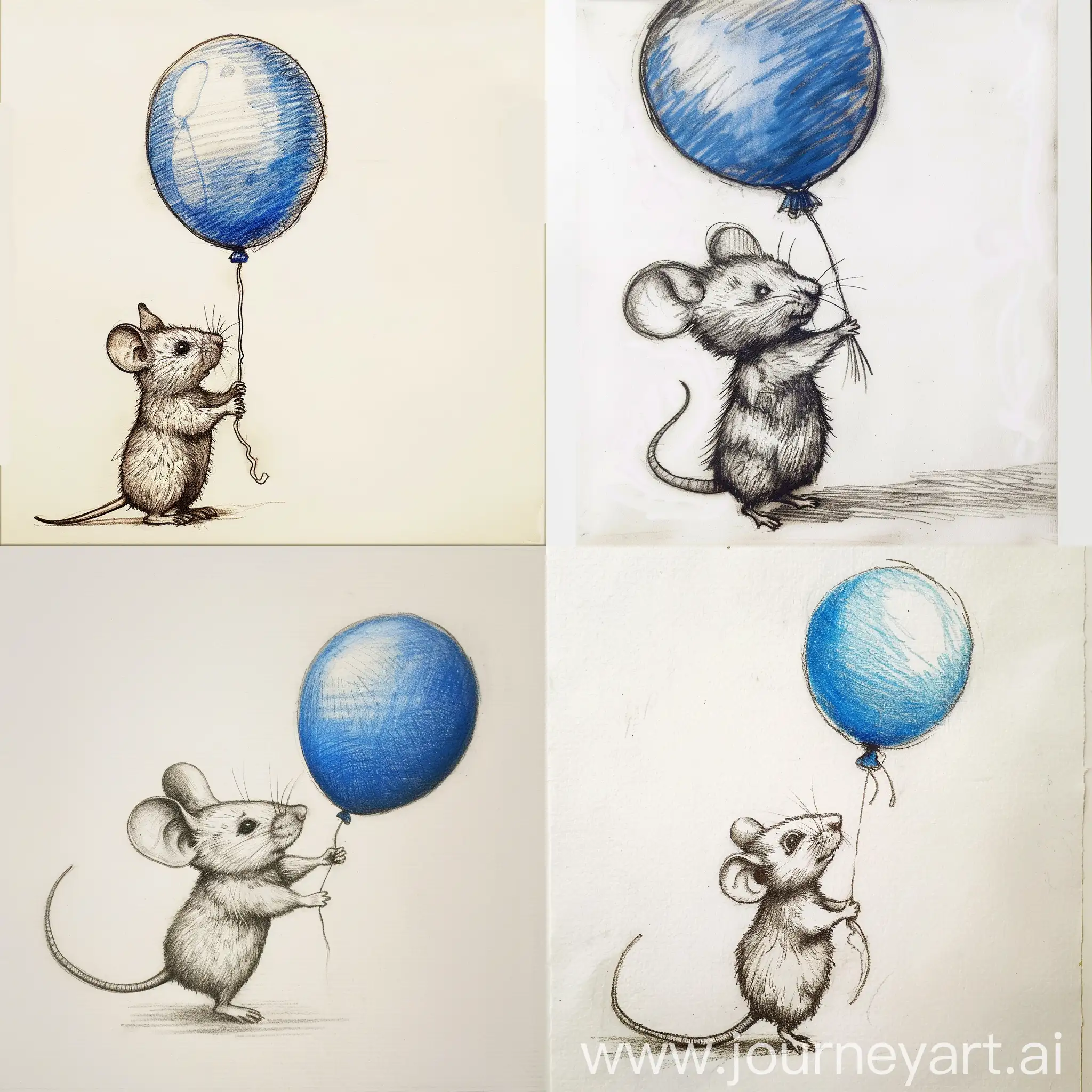 A mouse drawn in pencil on a white background holds a blue balloon