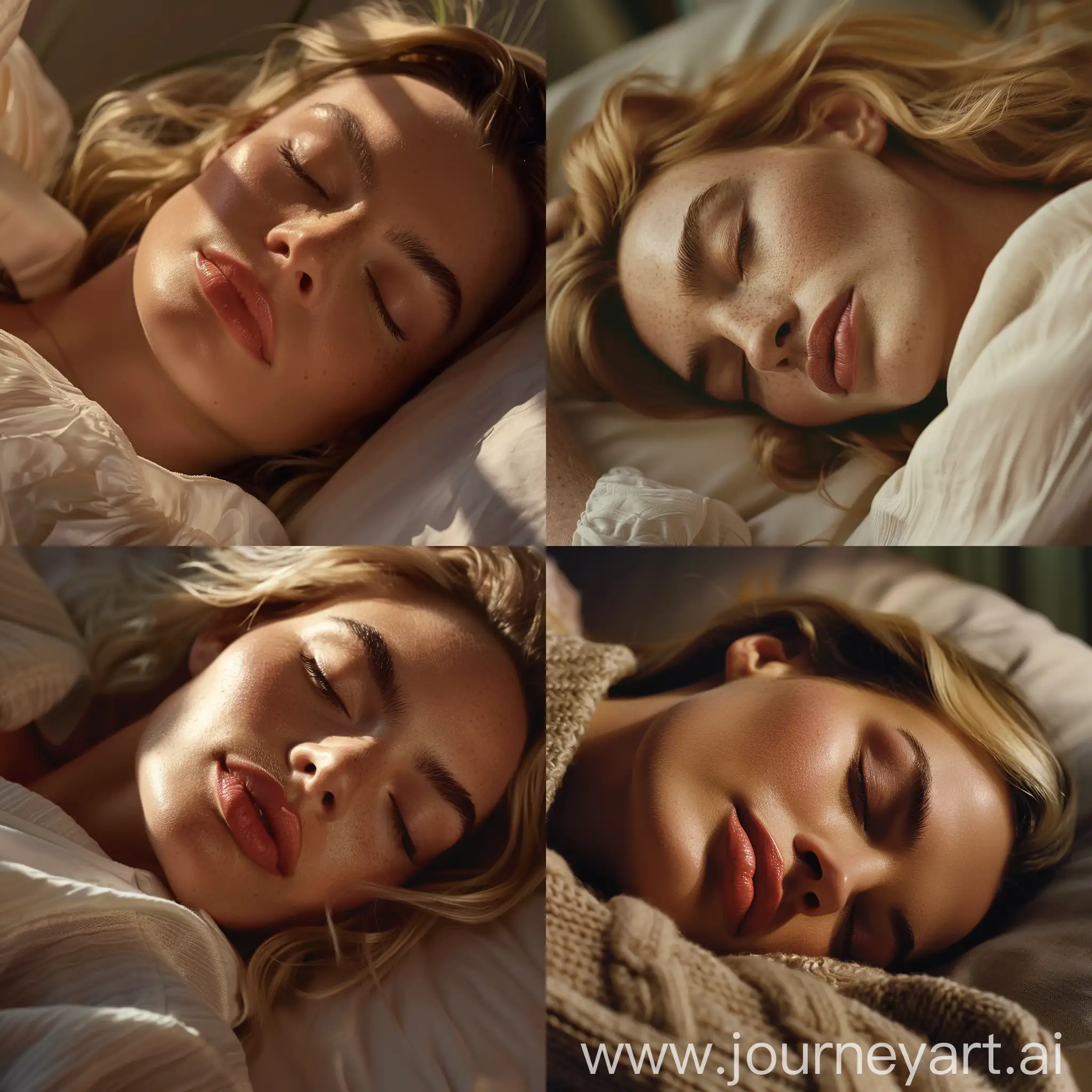 Professional photography: Margot Robbie, is lying in her bed, sleeping. the face is shown close
