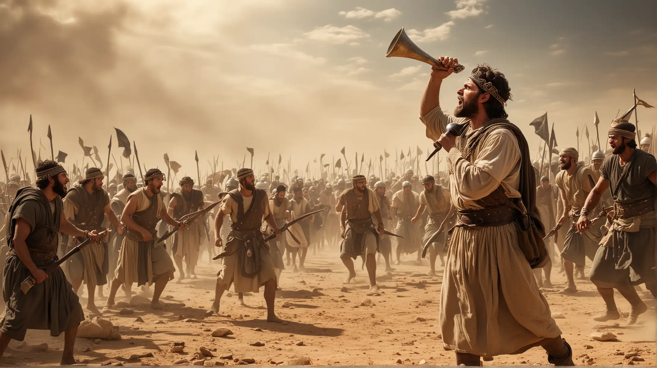 A battle scene set in the era of the Biblical Joshua. A man blows a horn to signal to his men to attack. Set in the Middle East during the Biblical era.
