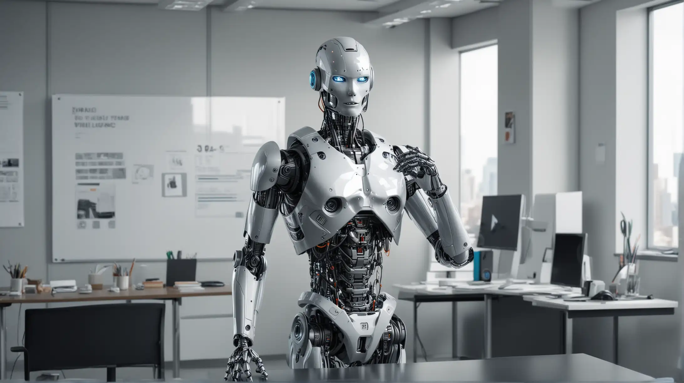super realistic，3024年，一个机器人，站在办公室里紧张的打电话，未来感十足的透明办公室，高科技的办公工具和虚拟屏幕，未来设计风格