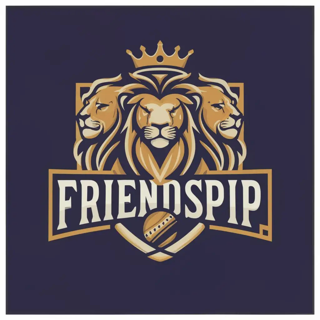 a logo design,with the text ""FRIENDSHIP"", main symbol:Cricket team , lion, king ,bat and ball,Moderate,clear background