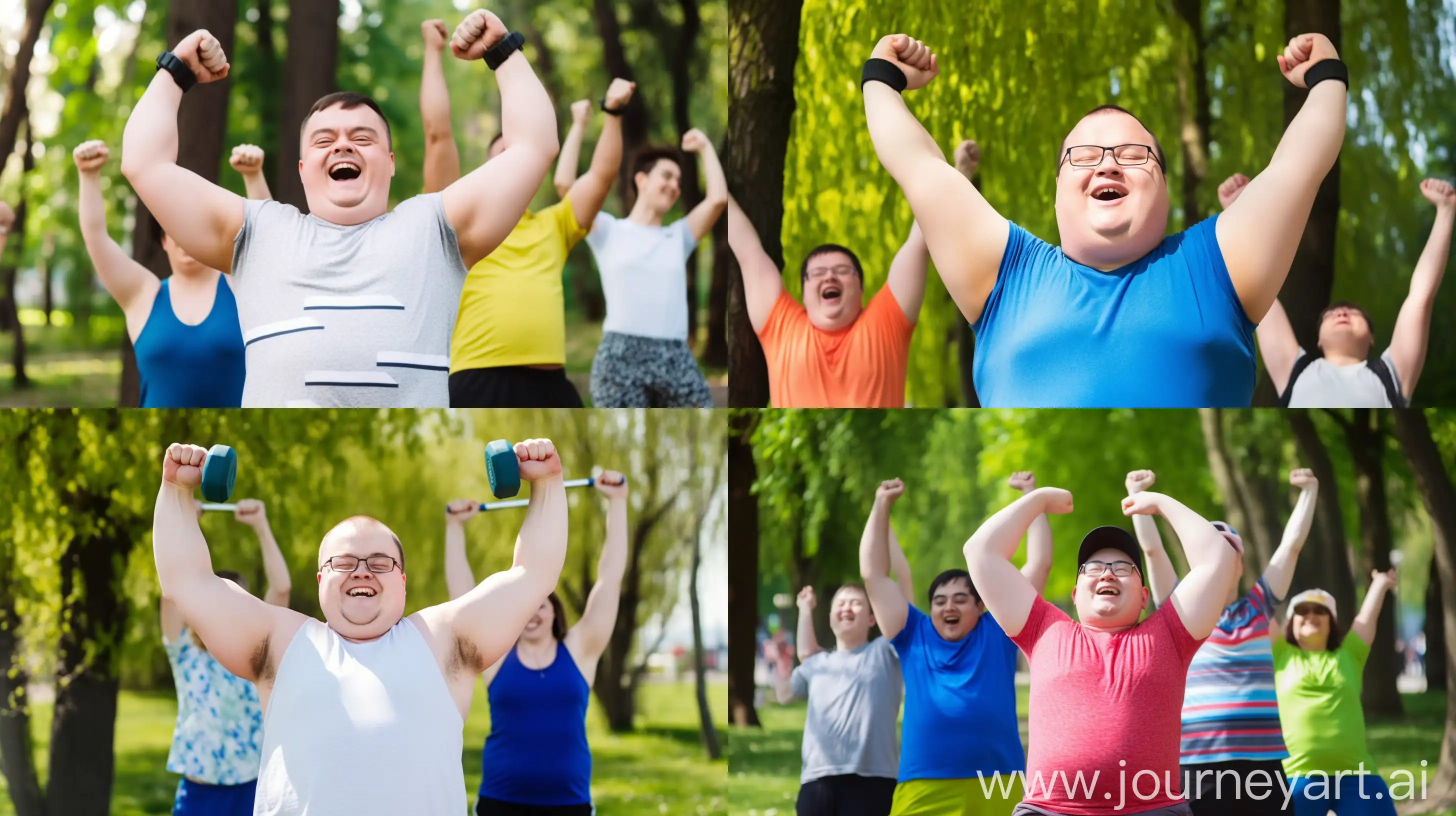 /imagine prompt: A male patient with Down syndrome joyfully exercising in a park, surrounded by his friends who are cheering him on, vibrant green trees and a clear blue sky in the background, conveying a sense of happiness and support, Photography, using a DSLR camera with a telephoto lens, --ar 16:9 --v 5