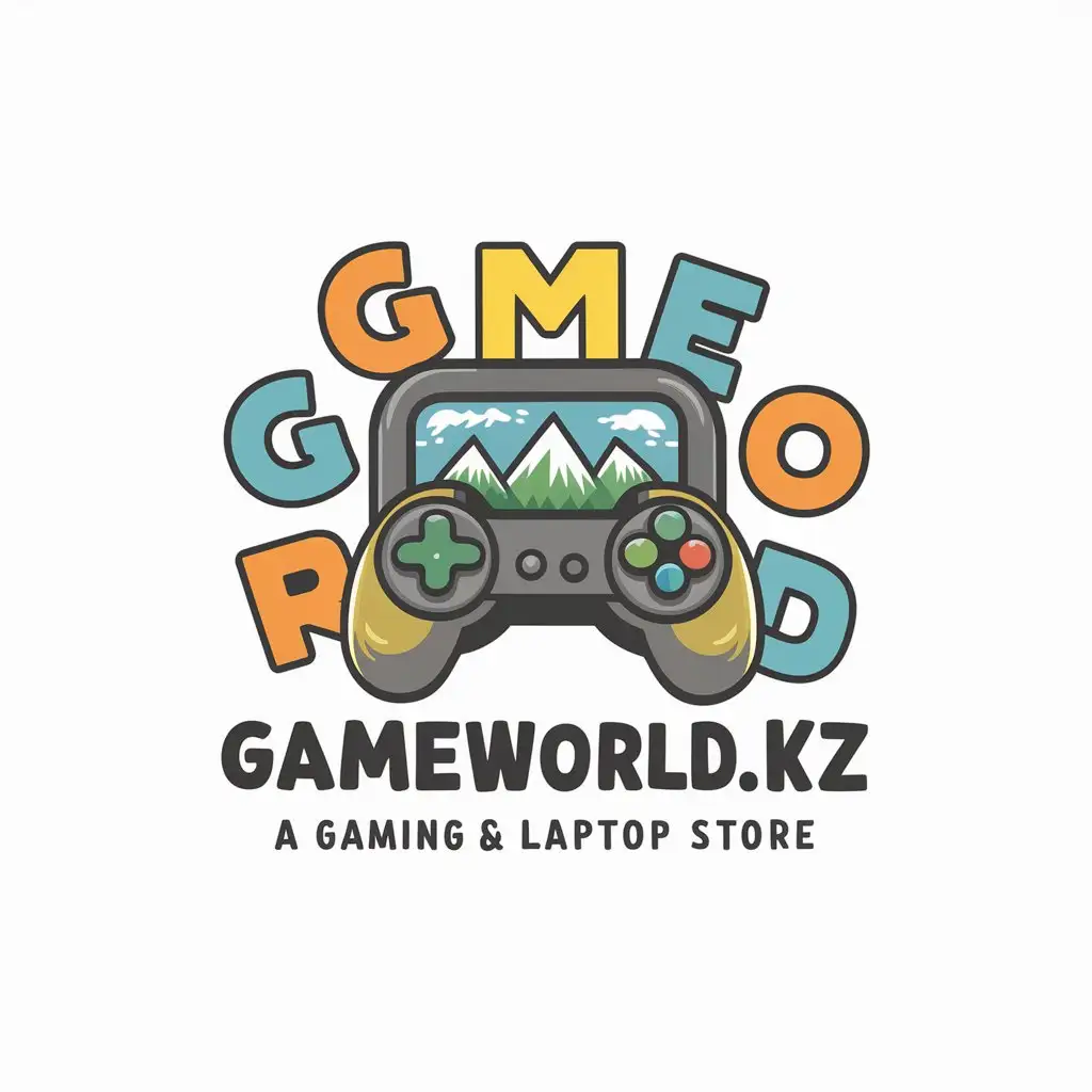 сделай логотип для магазина по продаже ноутбуков под названием GAMEWORLD.KZ в мультяшном стиле и в один тон
