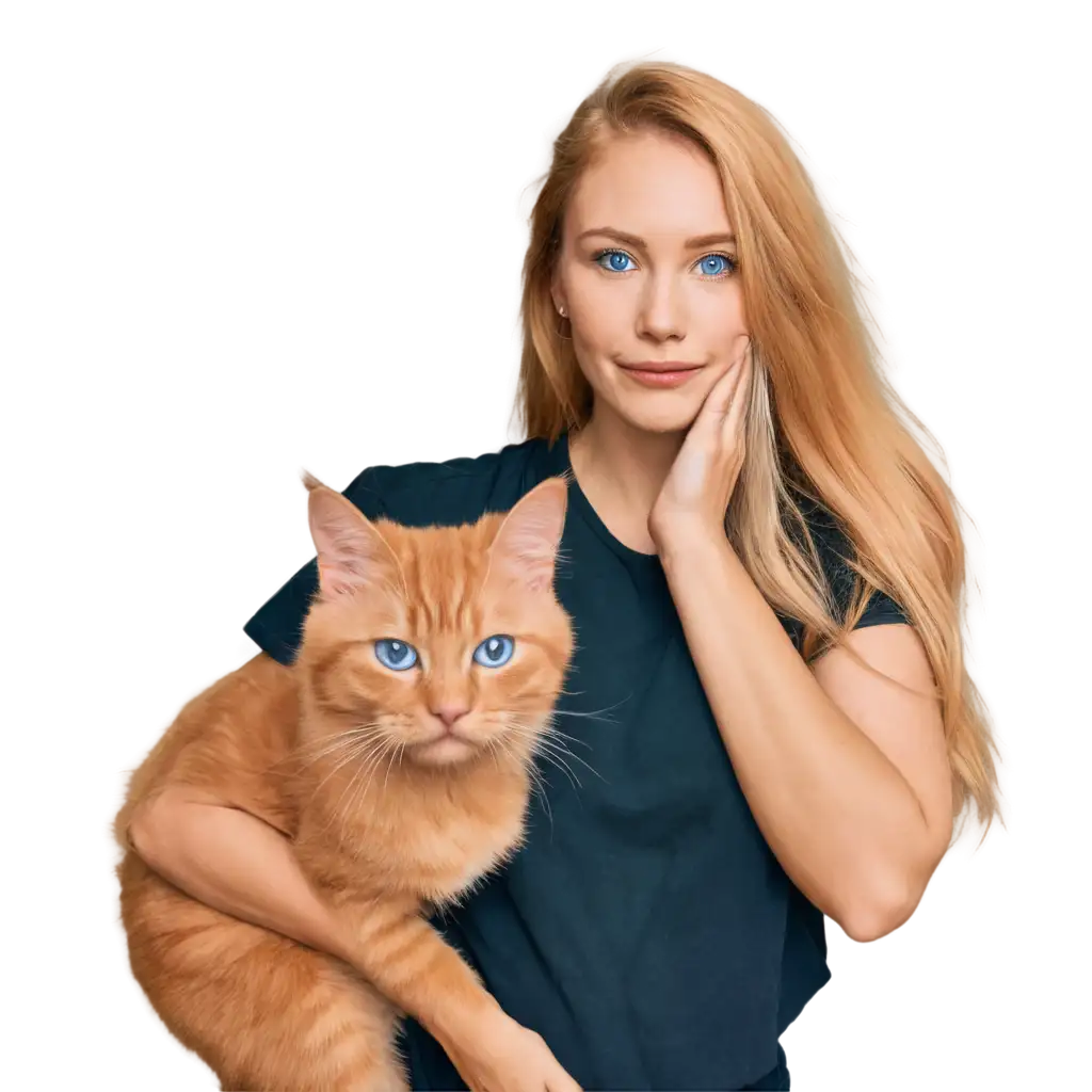блондинка 25 лет гуляет с рыжим котом на руках летом по крупному городу с большими строениями жилых домов. у нее распущенные волосы у кота голубые глаза. сказочный стиль, в темных тонах.