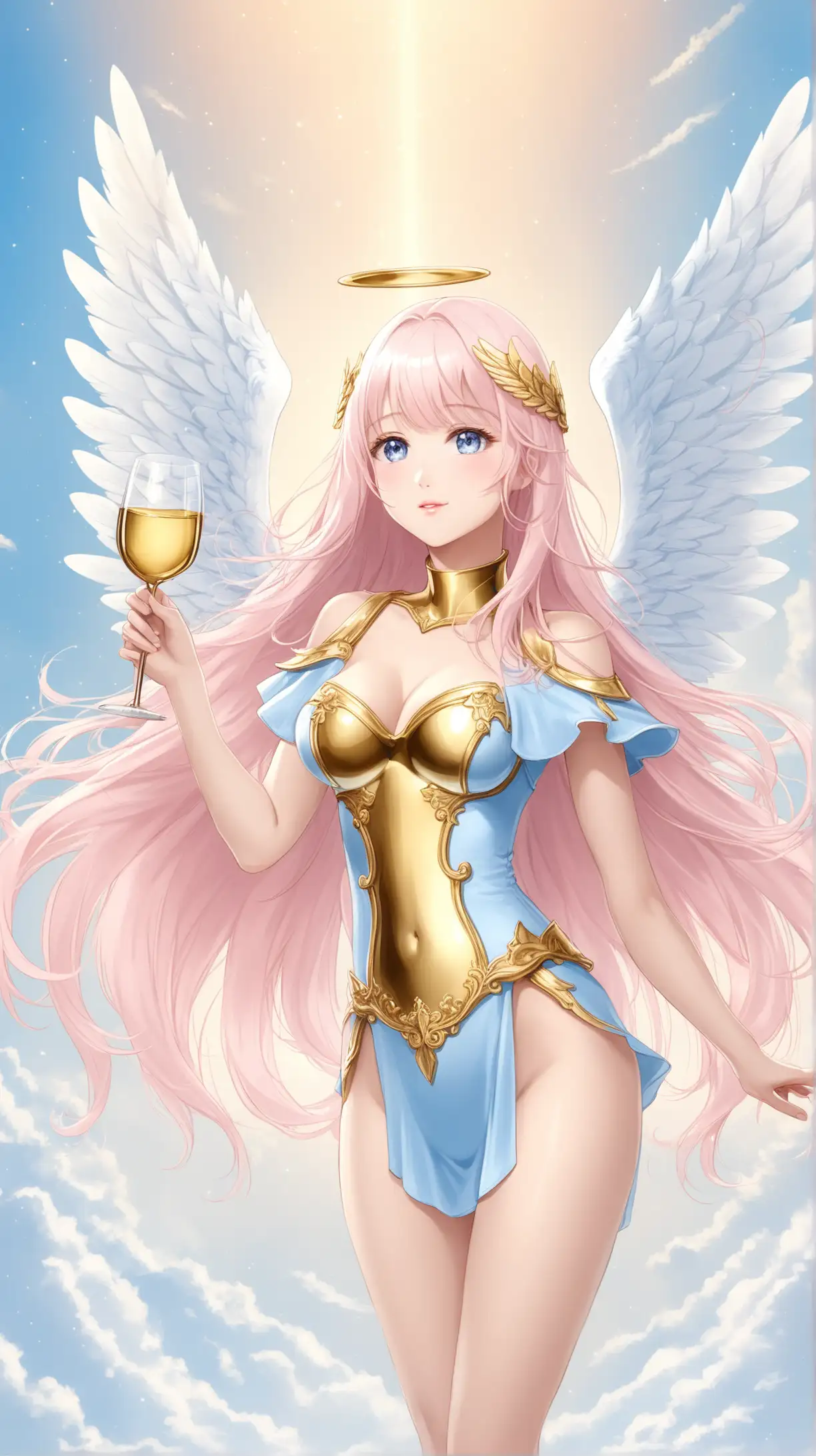 Sexy girl carry gold wine glass, light blue angel costume, white wing, light pink long hair, medium short, heaven background.