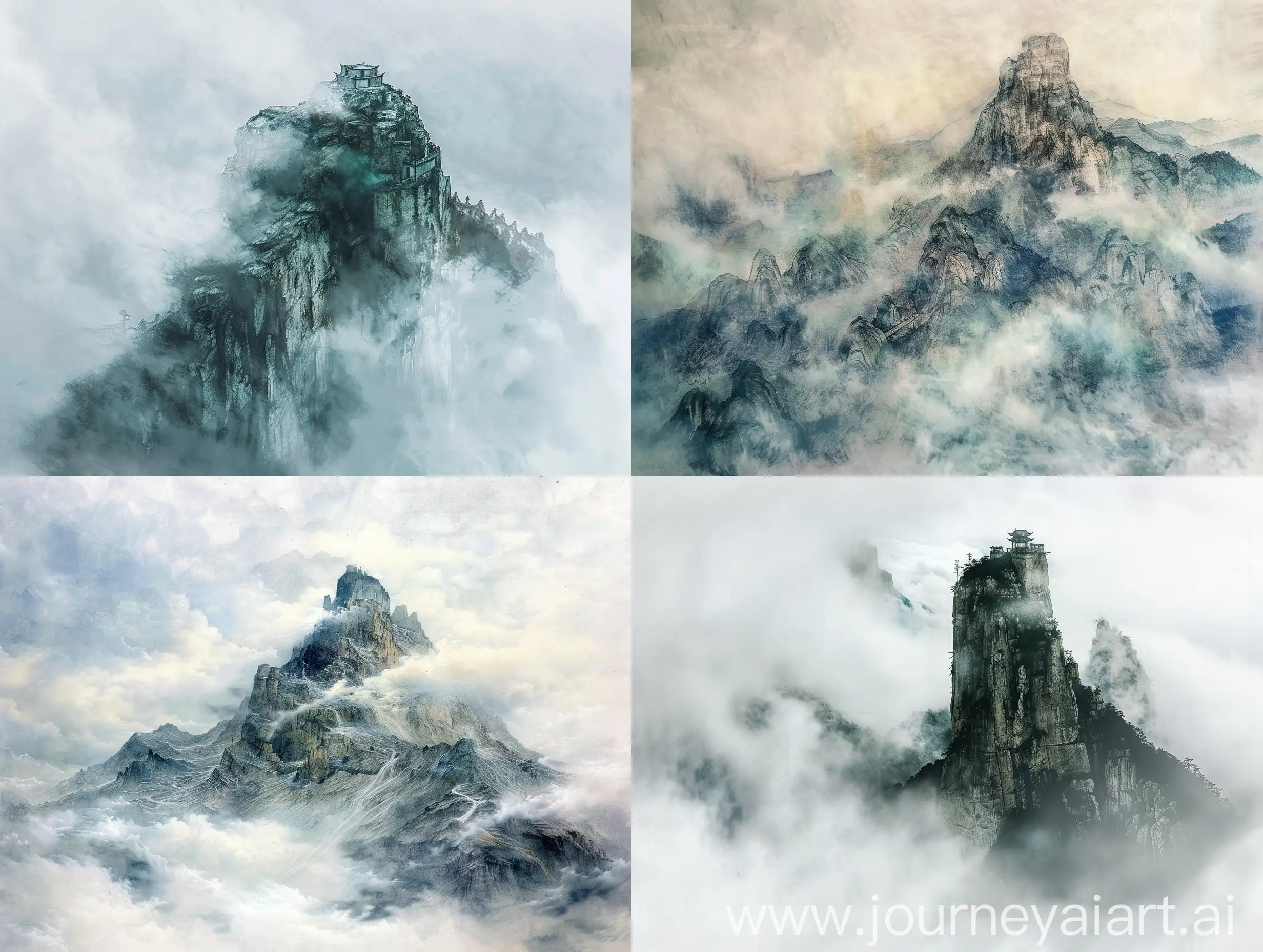 兴化县芗林山的远景，仙人岩在山巅，云雾缭绕。中国画，莫奈风格，工笔画，彩铅，古风