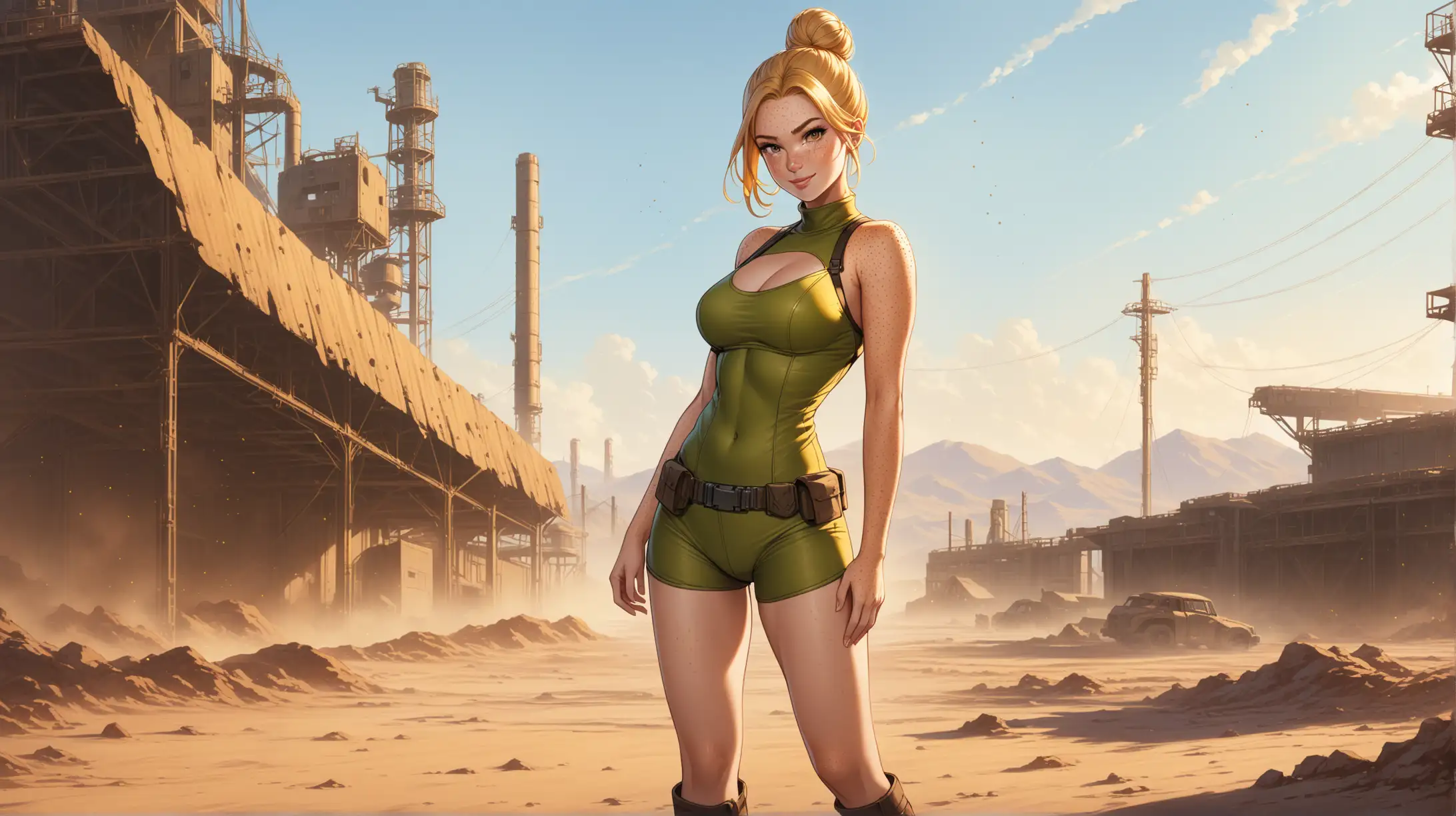 Draw a woman, long blonde hair in a bun, gold eyes, freckles, perky figure, outfit inspired from the Fallout series, high quality, long shot, outdoors, seductive pose, natural lighting, smiling at the viewer