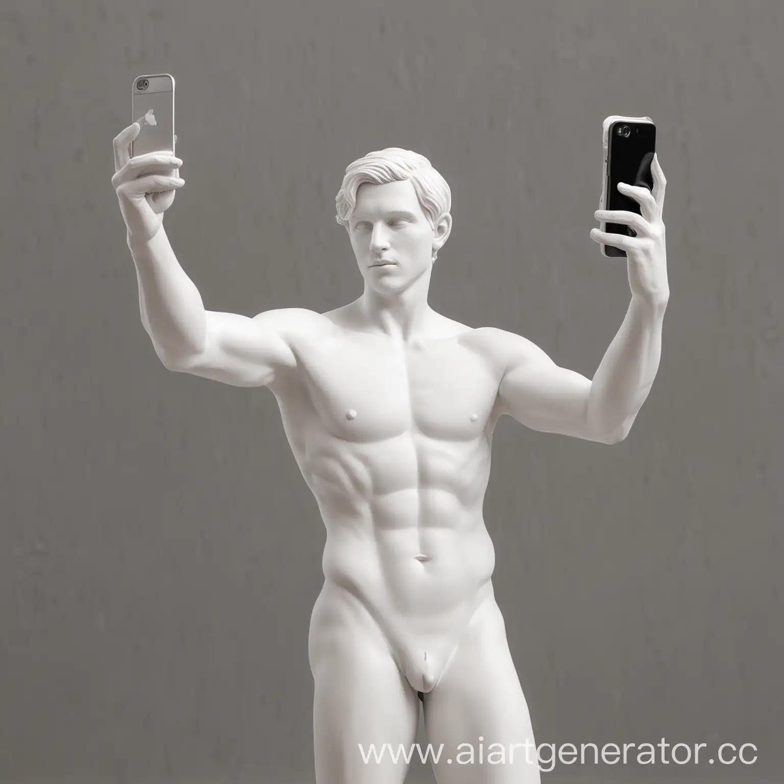белая скульптура держит смартфон в руке и делает селфи