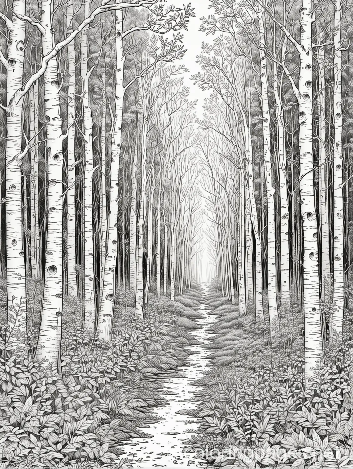 woods, Coloring Page, black and white, line art, white background, Simplicity, Ample White Space