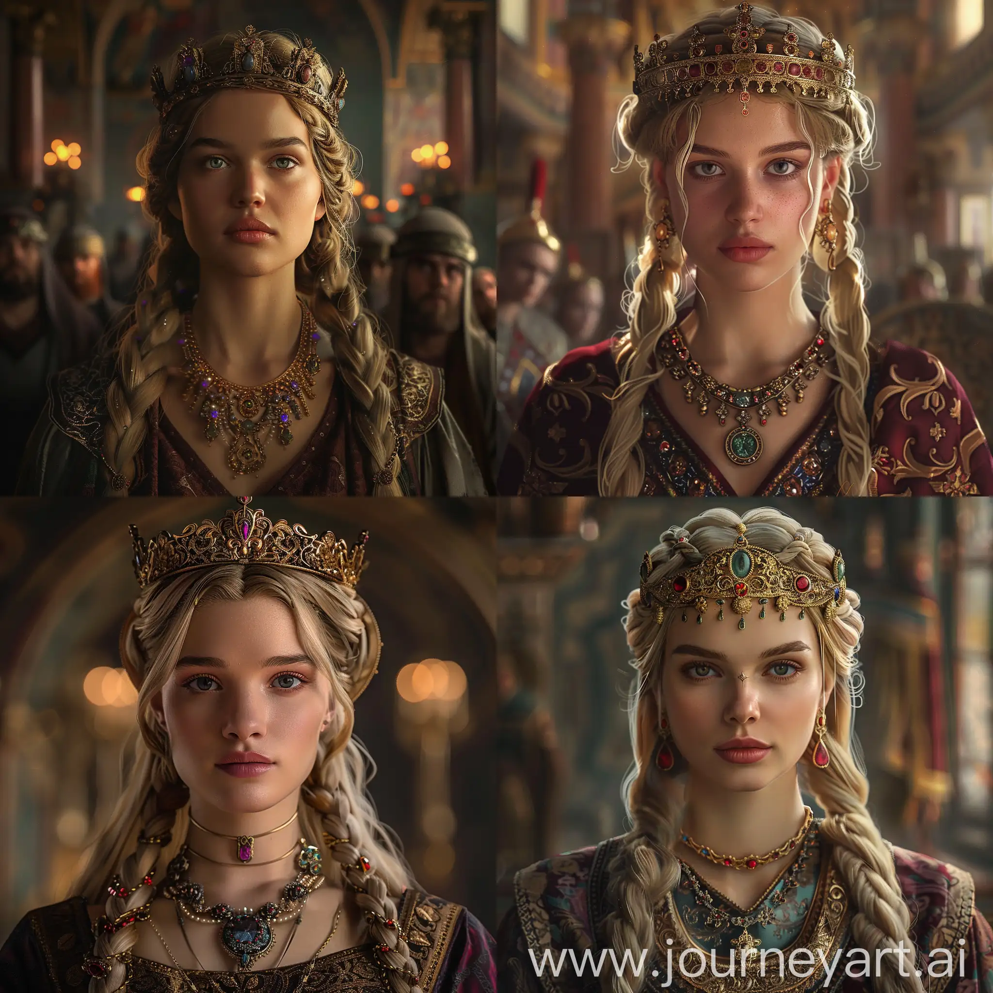 Byzantine Empress Tzitzak, depicted in Byzantine robe and Byzantine crown adorned with jewels, has a beautiful necklace, blonde hair with braids which fall on sides of her head, beautiful, charming eyes, portrait, at Byzantine palace, cinematic lighting