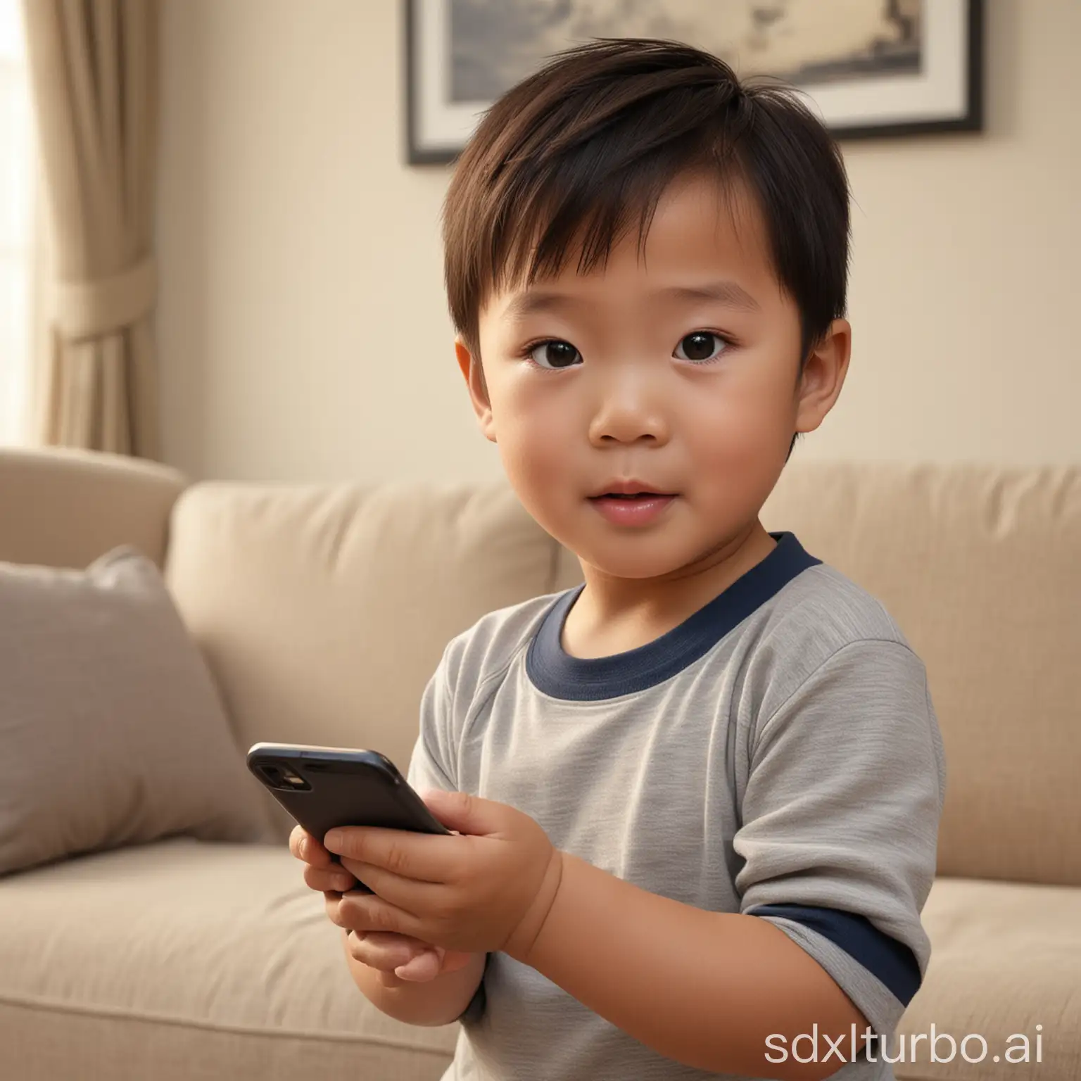 Here's the image of a handsome five-year-old Chinese boy, depicted in a realistic living room setting as he eagerly reaches for a smartphone.