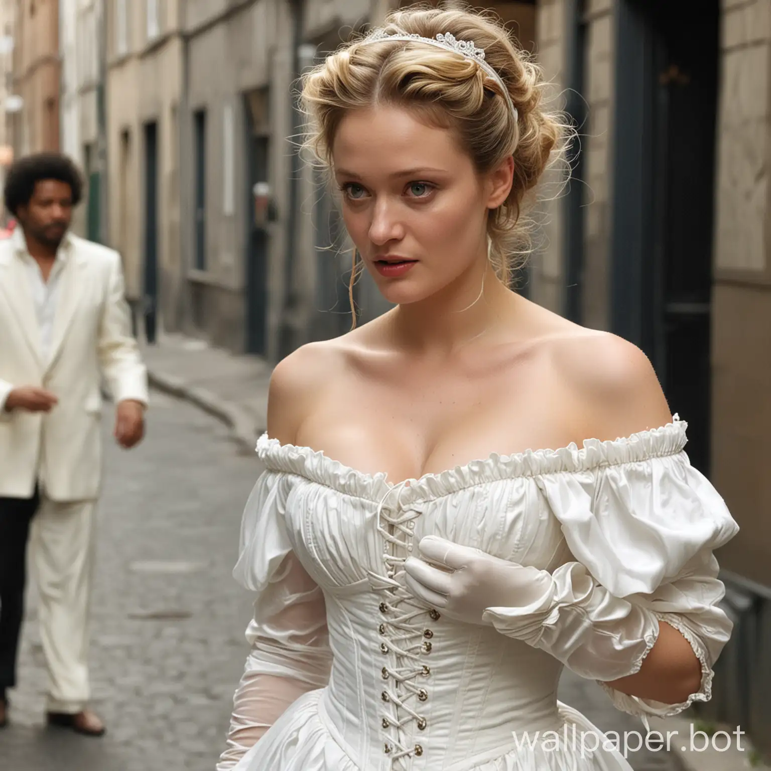 young white actress Romola Garai kiss black afro male hobo beggar tramp.  disgust on her face.  young white actress Romola Garai in crown and white silk off-shoulder dress   with deep cleavage, white 
push-up corset, white silk opera length gloves.  on the street